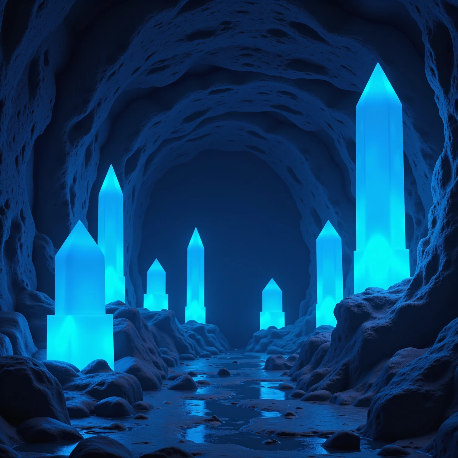 This is a highly detailed CGI illustration depicting a mystical, otherworldly cave. The cave walls are rough and jagged, with deep, dark shadows that create a sense of depth and texture. The floor of the cave is uneven, with rocks and small pools of water reflecting the eerie blue light. The primary source of light comes from eight glowing, crystalline formations that emit a vibrant, ethereal blue hue. These crystals are tall and slender, with smooth, faceted surfaces that catch the light, creating a mesmerizing, almost magical effect.
The cave is narrow and winding, with a central pathway that leads deeper into the darkness. The pathway is bordered by the jagged rock walls on either side, which are slightly illuminated by the blue light from the crystals. The background is a deep, dark blue, almost black, enhancing the mysterious and foreboding atmosphere. The ceiling is not visible, adding to the sense of depth and mystery.
The overall color palette is dominated by dark blues and purples, with the crystals providing the only bright, vivid contrast. The image is rich in detail and texture, with a focus on the interplay of light and shadow to create a haunting, otherworldly ambiance. <lora:Elemental_Planes-Earth:1>, elementalplaneearth