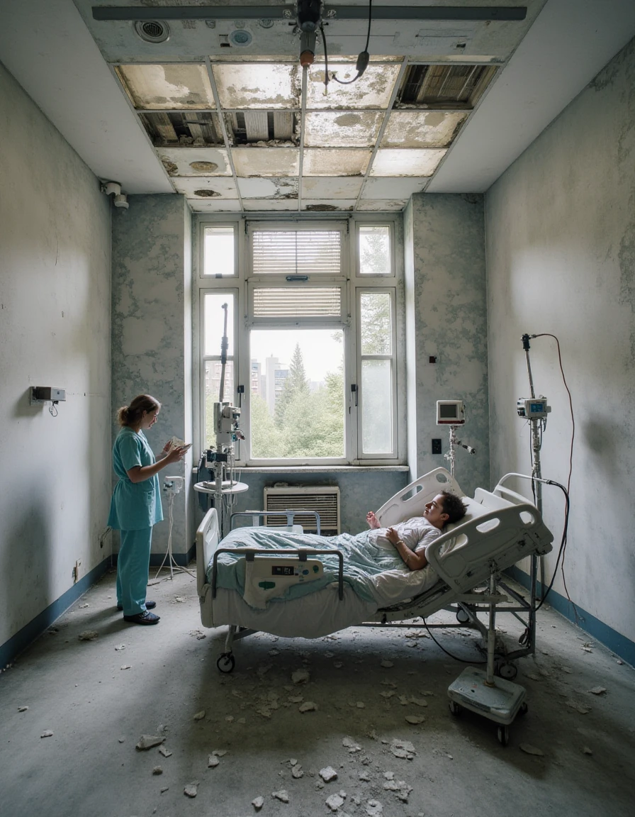 A hospital room with sterile white walls, a patient in a bed connected to medical machines, and a nurse checking the equipment., <lora:urban_decay_v20_rank64_bf16-step02016:1>, urban_decay_rooms