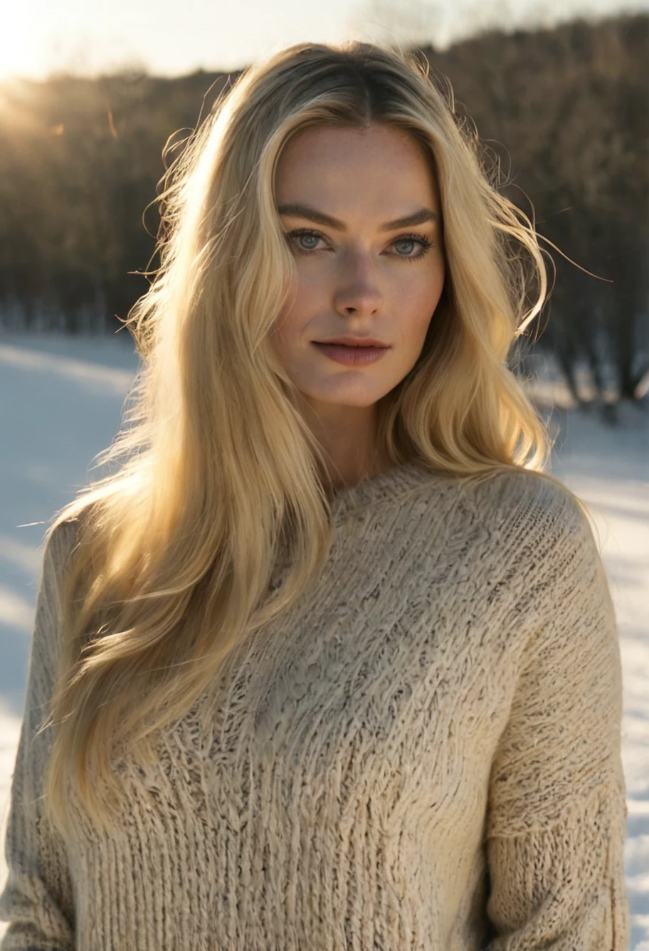 a beautiful picture of m4rgot,blonde hair, long hair,upper body, photorealistic, woman, detailed face, backlighting, light, RAW color photo,(fully in frame:1.1), looking at viewer,(goosebumps:0.5),wearing a sweater,outdoors,snowy field, <lora:m4rgot (19):1>
