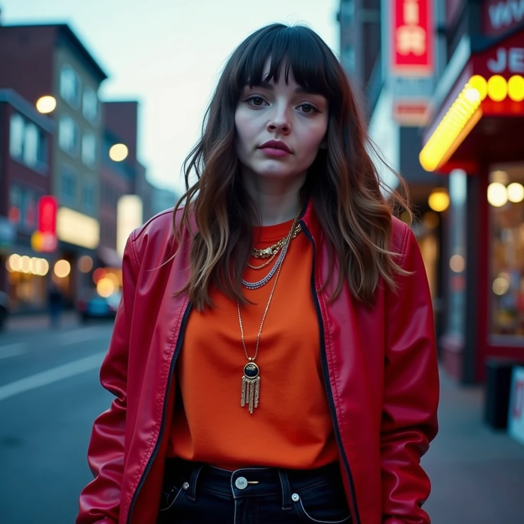 lmbr, cinematic, full body shot of Lauren Mayberry, she has long layers hair, she has slick back hair style, contrasting lights, in the town downtown of a quiet town, she's wearing 2000s fashion jacket, black denim pants, orange long slive shirt,  scarlet undershirt, she's wearing colorful necklaces, bracelets and gold colorful rings. The camera is fixed front-facing her, at dusk,  photorealistic, real photography, 8k, hd, 85mm  <lora:lauren-mayberry:1>, Photorealistic, Hyperrealistic, Hyperdetailed, analog style, soft lighting, subsurface scattering, realistic, heavy shadow, masterpiece, best quality, ultra realistic, 8k, golden ratio, Intricate, High Detail, film photography, soft focus, RAW candid cinema, 16mm, color graded portra 400 film, remarkable color, ultra realistic, textured skin, remarkable detailed pupils, realistic dull skin noise, visible skin detail, skin fuzz, dry skin, shot with cinematic camera