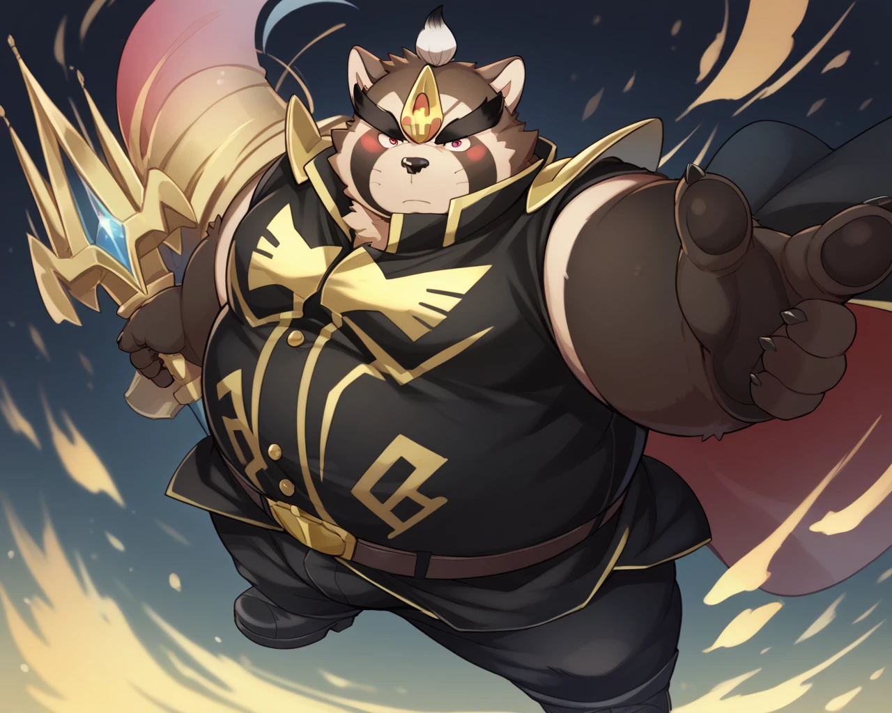 (detailed background:1.2),kemono,plush fur,anime artwork,vibrant,anime style,studio anime,highly detailed,furry,male focus,furry male,1boy,bara,solo,fat,OBESE,thick eyebrows,stubby limbs,full_shot,solo,score_9,score_8_up,score_7_up,detailed eyes,<lora:shoen:0.9>,red eyes,5 fingers,<lora:ChamHamanKarnPonyXL:0.8>,shoulder armor,(black uniform),gold symbol,print uniform,gold trim,high collar,sleeveless,cape,black gloves,belt,black pants,black boots,lecture platform,crown,