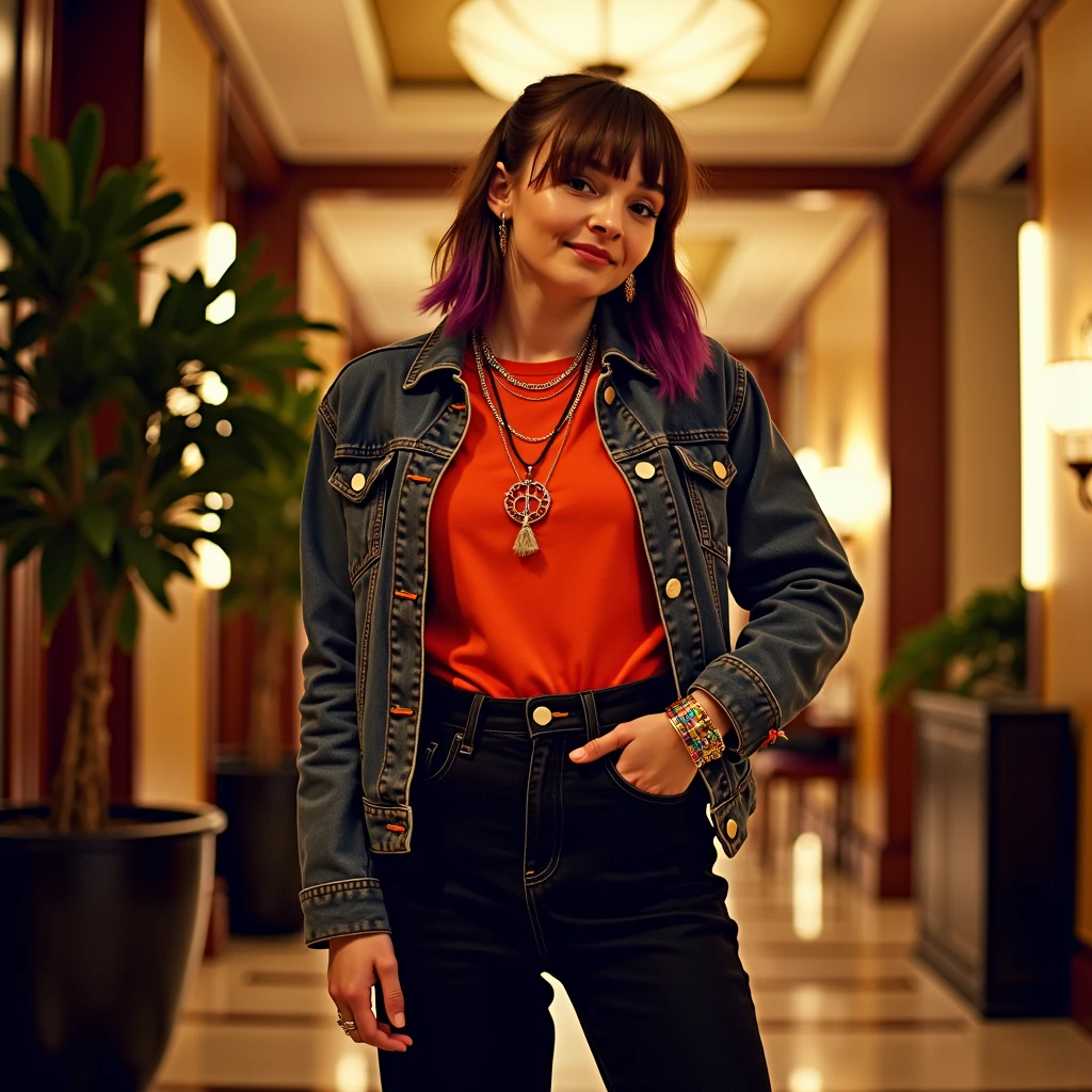 lmbr, cinematic, full body shot of Lauren Mayberry, she has slick back hair style, ponytail, tints of violet in her hair, she looks happy and flirty, contrasting lights, in a beautiful hotel lobby, soft lights, artificial lights, dim lights,  she's wearing 2010s fashion jacket, black denim pants, orange long slive shirt,  scarlet undershirt, she's wearing colorful necklaces, bracelets and gold colorful rings. The camera is back side of her,  she's looking at the viewer, at dusk,  photorealistic, real photography, 8k, hd, 85mm  <lora:lauren-mayberry:1>, Photorealistic, Hyperrealistic, Hyperdetailed, analog style, soft lighting, subsurface scattering, realistic, heavy shadow, masterpiece, best quality, ultra realistic, 8k, golden ratio, Intricate, High Detail, film photography, soft focus, RAW candid cinema, 16mm, color graded portra 400 film, remarkable color, ultra realistic, textured skin, remarkable detailed pupils, realistic dull skin noise, visible skin detail, skin fuzz, dry skin, shot with cinematic camera