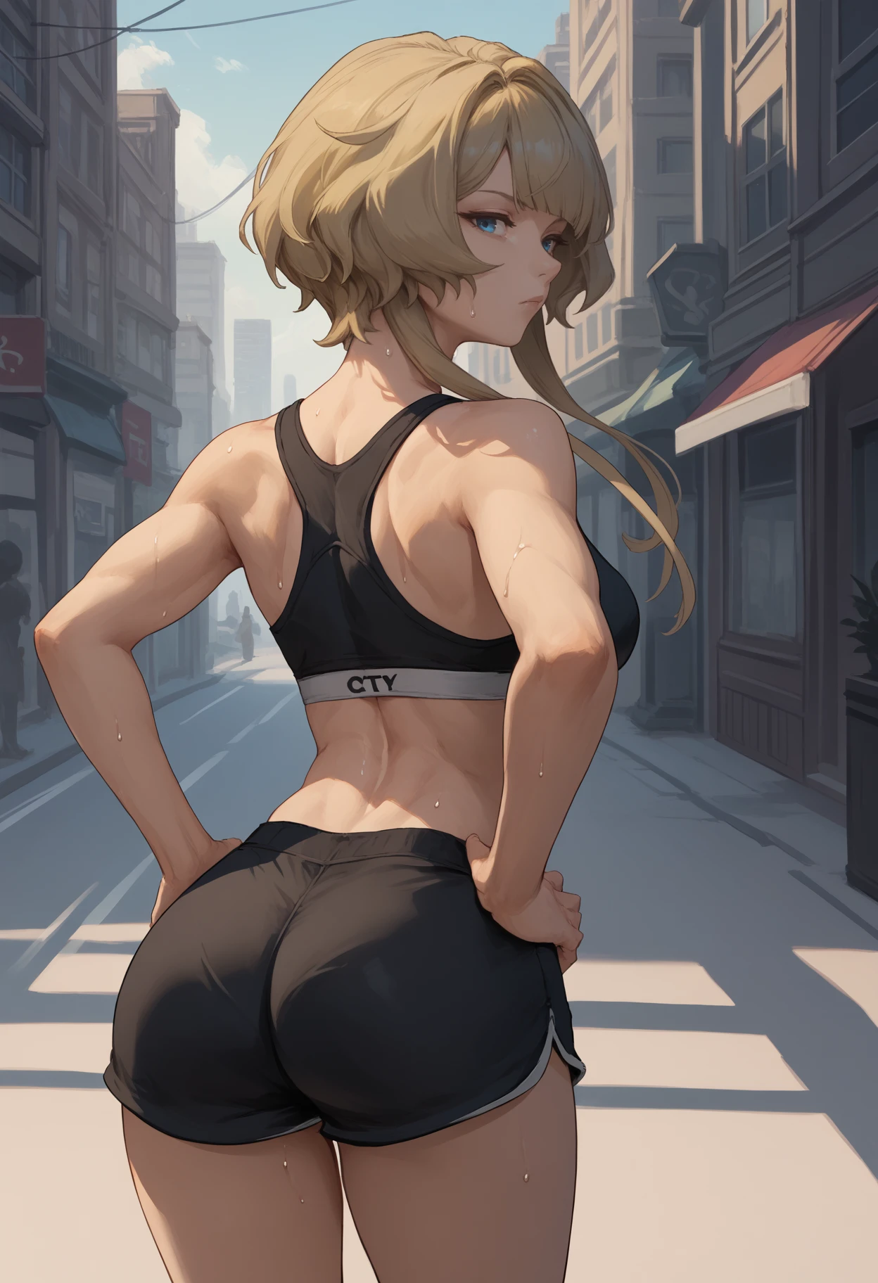 score_9, score_8_up, score_7_up, <break> from behind, solo, 1girl, sandrone, sweat, expressionless, looking back, hands on own hips, blonde hair, short hair with long locks, blue eyes, black sports bra, black shorts, short shorts, outdoors, city street
<segment:yolo-face_yolov8m.pt,0.4,0.5//cid=1>