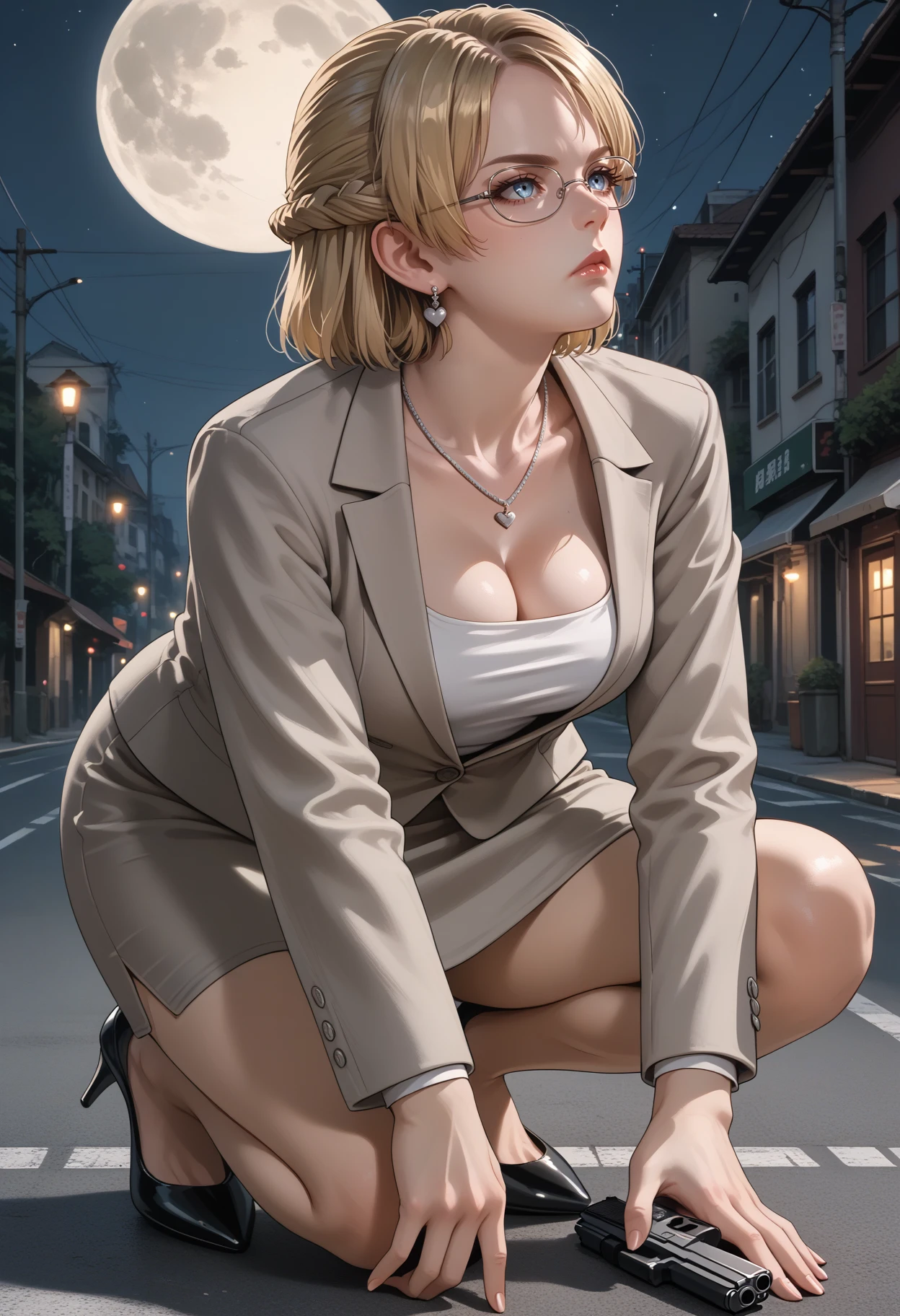 score_9, score_8_up, score_7_up, source_anime, 1girl, kneeling, on one knee, holding gun, handgun, serious, profile, <lora:JessieDeadRising-pdxl:1> j3ssie, blonde hair, short hair, french braid, glasses, blue eyes, lipstick, heart earrings, heart necklace, suit, formal, grey jacket, long sleeves, large breasts, cleavage, white shirt, pencil skirt, high heels, black footwear, night, road, full moon