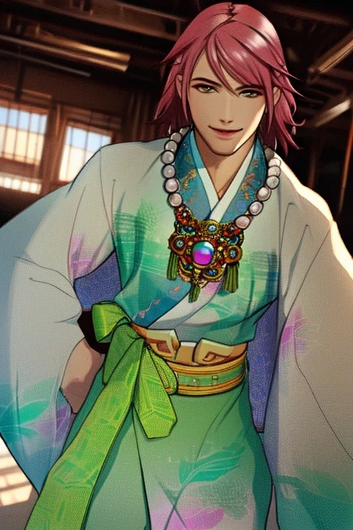 (masterpiece),(best_quality),1boy,Kongouman,pink hair,hanfu,necklace,belt,smile,<lora:Kongouman:1>,