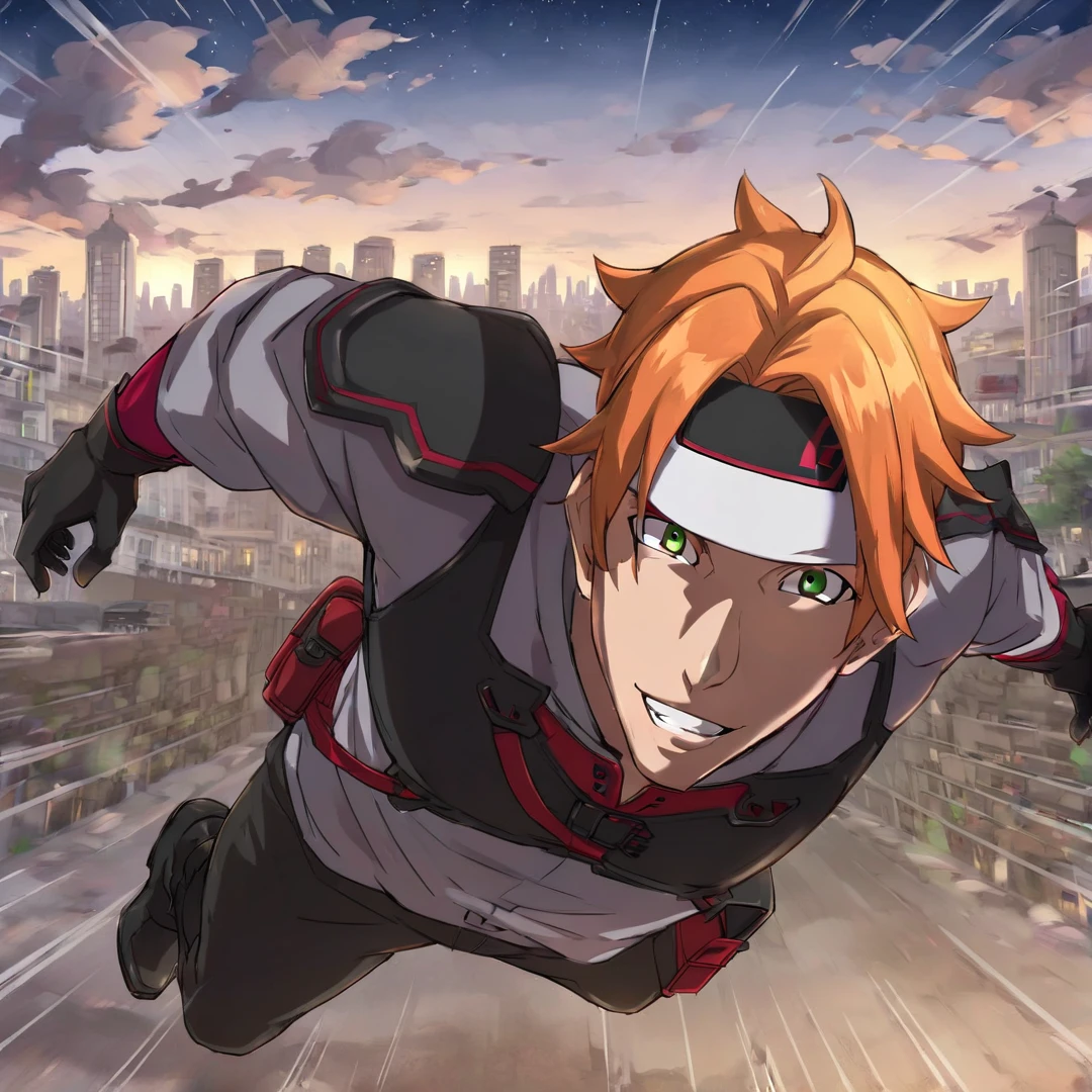 <lora:ToddFang:1>, todd, young man, short spiky orange hair, green eyes, sharp canine teeth, wears a headband, red undershirt with long sleeves, grey overshirt with short sleeves, black pants, black boots, black gloves, chest protector, shoulder pads, with small red stripes, headband with red and black color pallet, and a small red and black battle axe, solo, city, daytime, full body, panicking, running