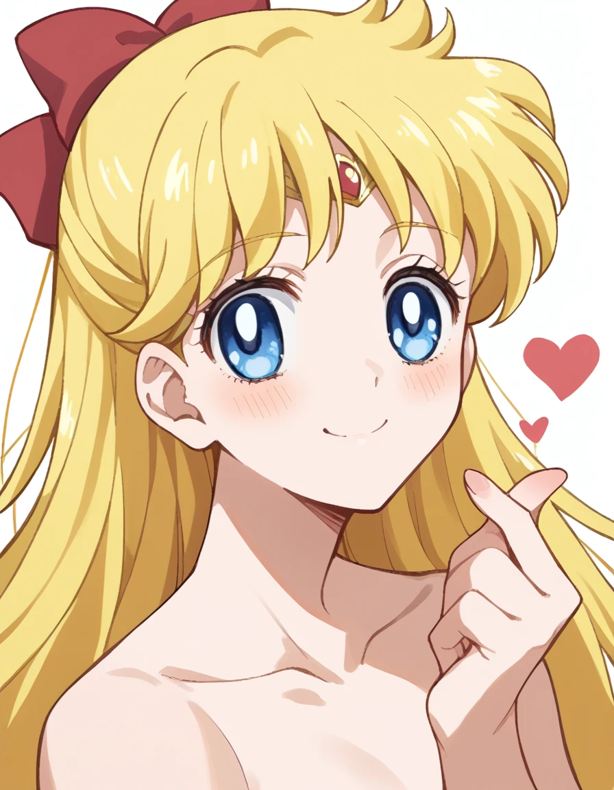 score_9, score_8_up, score_7_up, source_anime, <lora:minako-aino-eternal-movie1-ponyxl-lora-nochekaiser:1>, minako aino, blonde hair, blue eyes, bow, hair bow, half updo, long hair, red bow, tiara,, <lora:finger-heart-ponyxl-lora-nochekaiser:1>, finger heart, heart,, nude, blush, smile,, looking at viewer