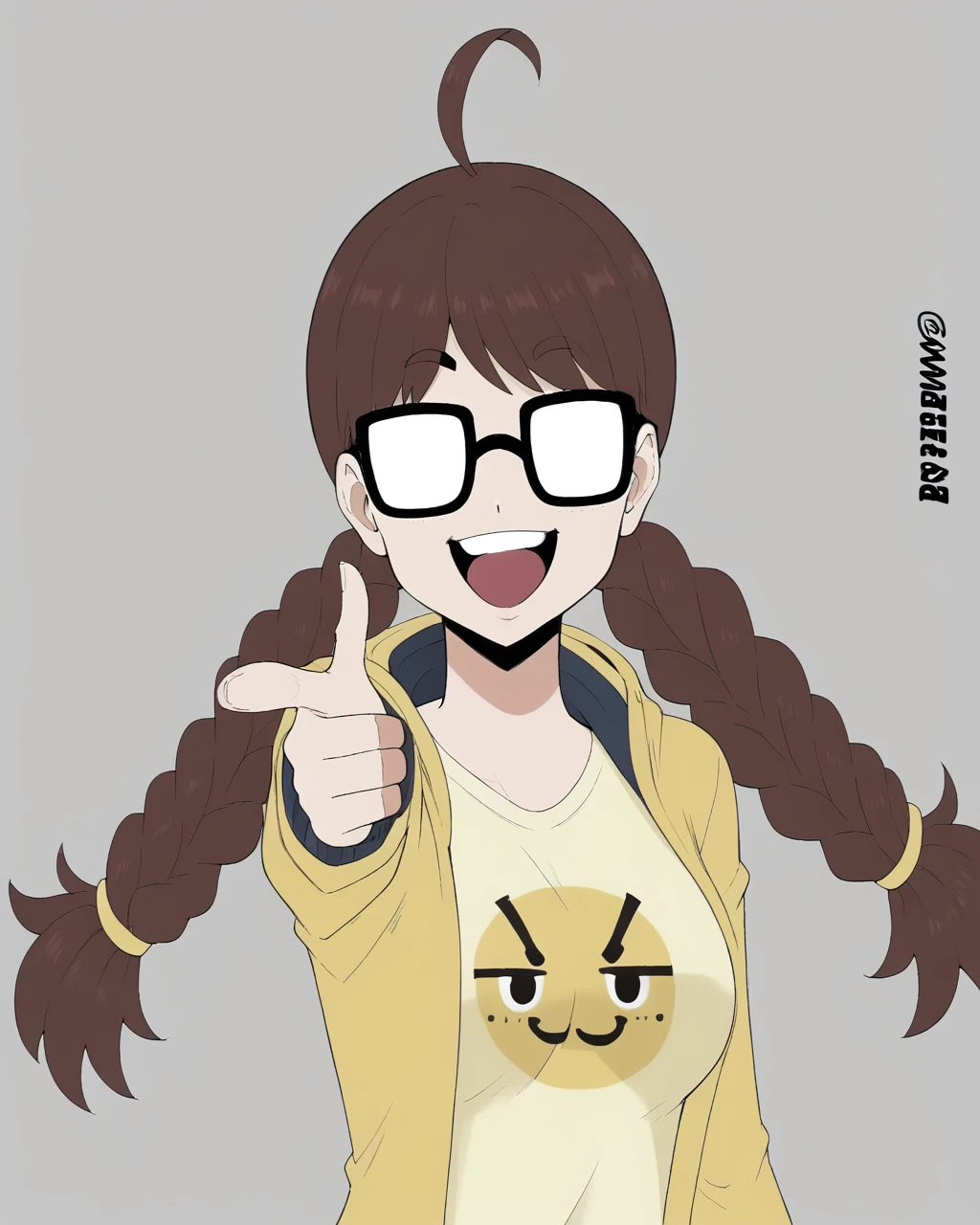 <lora:NerdEmojiGirl-wanderjegson:1>, NerdEmojiGirl, brown hair, twin tails, long hair, opaque glasses, shirt, yellow hoodie, unzipped hoodie, open hoodie, smiling,  <lora:Fingergun_XLPD:1>, finger gun, pointing at viewer, no eyes