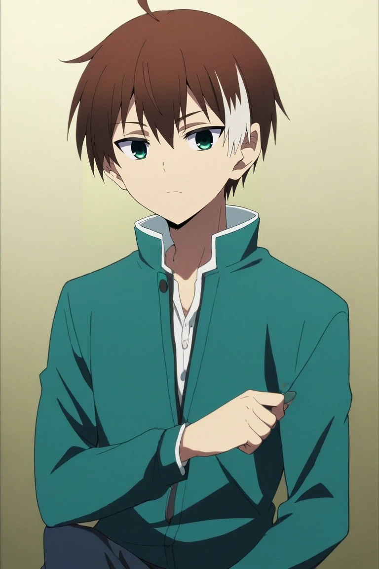 score_9, score_8_up, score_7_up, source_anime, rating_safe, , anime screencap, anime coloring, , , , 1boy, solo, male focus, <lora:akatsuki_iride_pony:0.84>, akatsuki_iride, brown hair, green eyes, short hair, ahoge, multicolored hair, two-tone hair, white hair, , , <lora:sdxl_lightning_8step_lora:1>