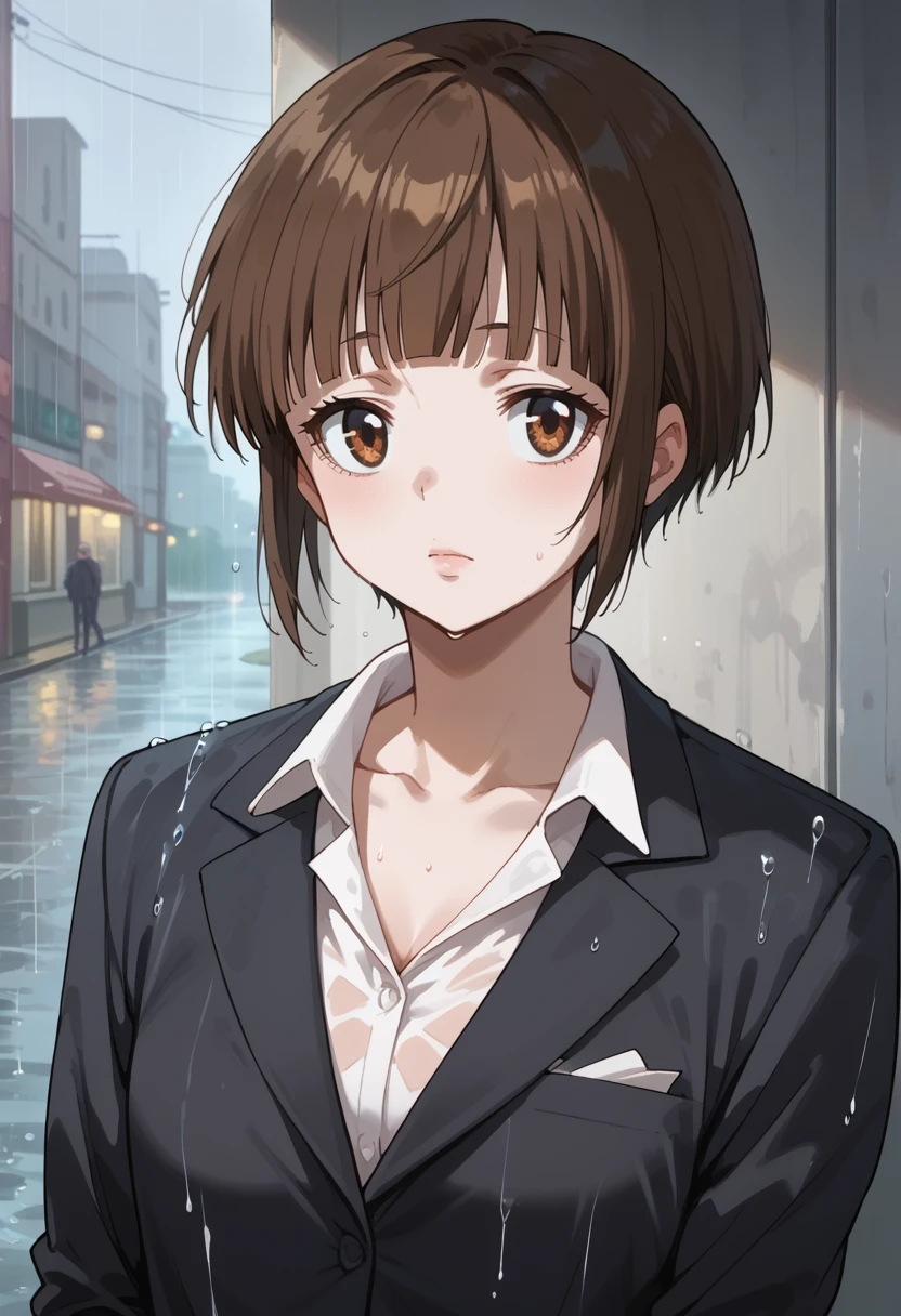 score_9, score_8_up, score_7_up, score_6_up, source_anime, absurdres, highres, 
tsunemori akane, 1girl, solo, looking at viewer, closed mouth, short hair, shirt, brown hair, brown eyes, jacket, collarbone, white shirt, upper body, blunt bangs, formal, suit, rain <lora:Akane_Tsunemori__Psycho-Pass:1.0>