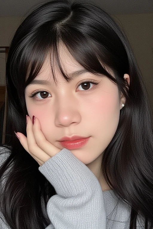 egk 1girl, caucasian, selfie, selca, heavily filtered instagram photo, black hair, bangs, ulzzang, kpop idol, heavy black eyeliner, very long false eyelashes, glittery makeup, softgirl, douyin makeup, full glam, asianfishing, blush, lipgloss, very heavy glitter glam makeup, big juicy lips, porcelain skin, aesthetic makeup, coquette, aegyo, y2k, girlcore