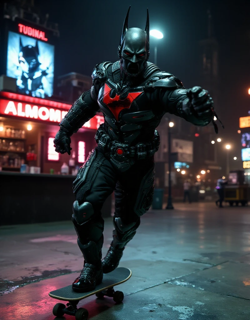 Batman_Beyond_Suit is skateboarding in a gotham city pub<lora:Batman_Beyond_Suit:0.9>