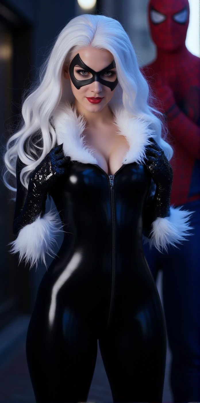 BlackCat, a woman with white hair and a black mask, wears a black body suit with white fur and cleavage. she is unzipping en body suit. In the background, spiderman is holding his face <lora:BlackCat:0.9>