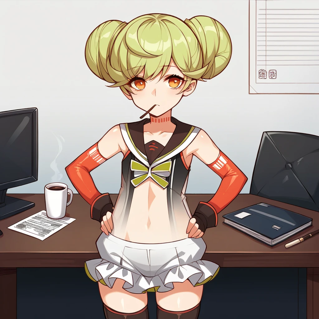 score_9_up, score_8_up, score_7_up, source_anime, 1girl, solo, Cabdg, Cab_Def, detailed background, office, desk, documents, standing, pocky stick in mouth, looking at you, tired uninterested, hand on hip, holding coffee mug, green hair, orange eyes, double bun, short hair, hair bun, sleeveless dress, black thighhighs, fingerless gloves, black gloves, detached sleeves, red sleeves, long sleeves, bare shoulders, sailor collar, green bow, bowtie, collarbone, see-through, frilled dress, navel, crop top, white shirt, black shirt, two-tone shirt, see-through dress, white shorts, shorts under dress, frilled skirt, see-through skirt, dynamic cowboy shot, office background,