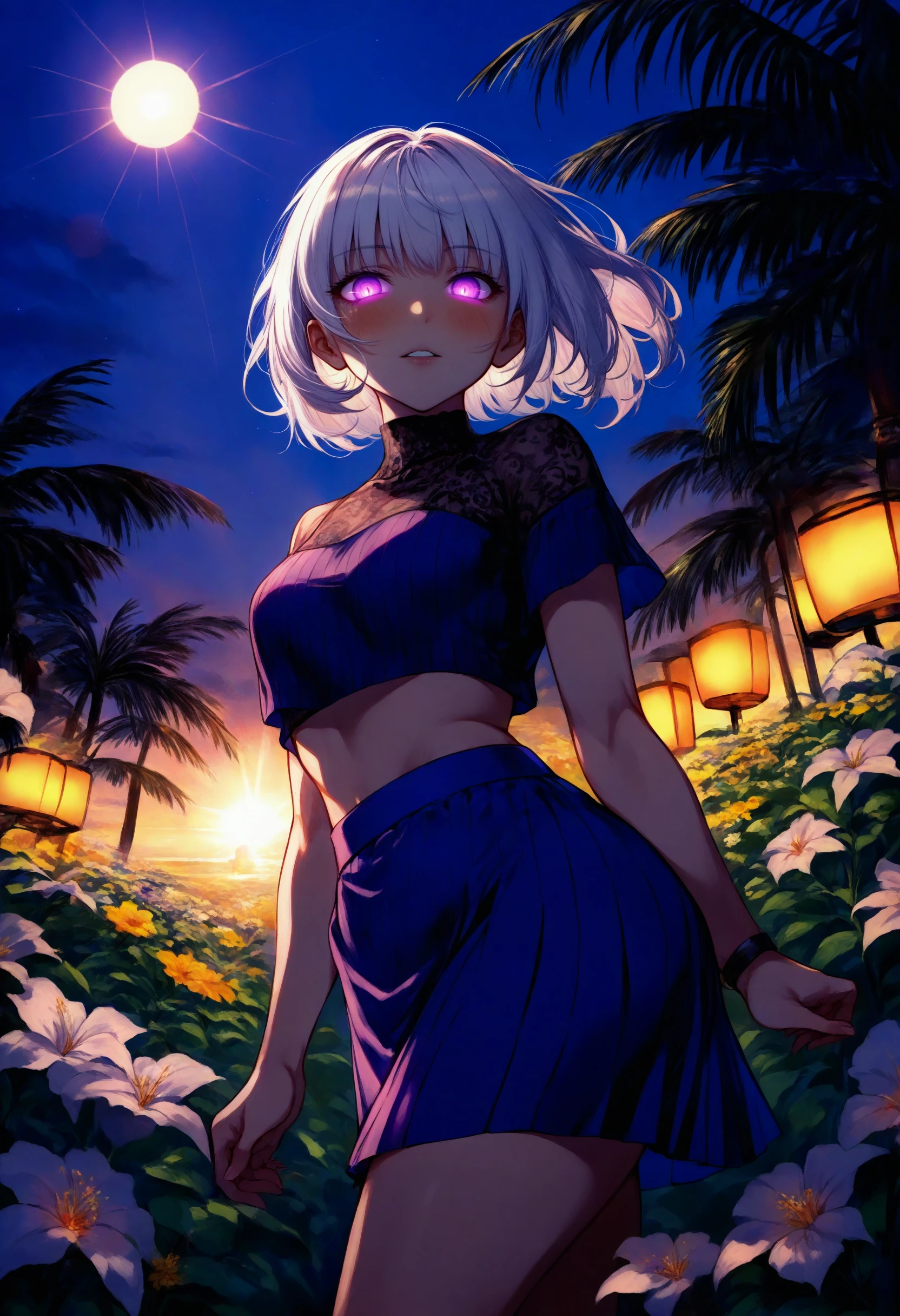 masterpiece, best quality, 1girl, white hair, purple eyes, glowing eyes, crop top, skirt, parted lips, blush, night, flowers, sun, sunlight,