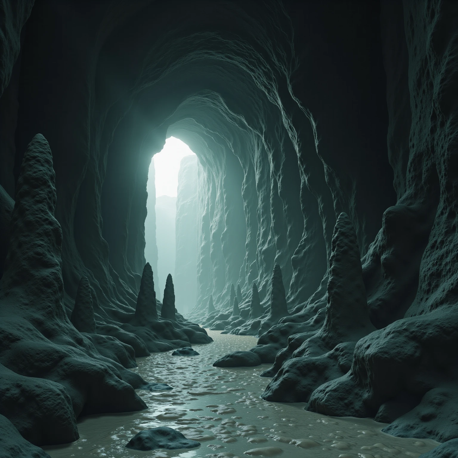 This image is a highly detailed CGI rendering of a surreal, otherworldly cave system. The scene is dimly lit with a soft, ethereal glow emanating from a distant light source, possibly a cave opening or an opening to another world. The cave walls are jagged and rough, with a texture that resembles twisted, organic rock formations. The colors are predominantly dark, with shades of gray and black dominating, creating a sense of depth and mystery.
The floor of the cave is covered in a thick, viscous substance that appears to be a mixture of mud and water, giving it a wet, almost slimy texture. Numerous tall, irregularly shaped stalagmites and stalactites protrude from the cave walls and floor, adding to the eerie, otherworldly atmosphere. Some of these formations are smooth and polished, while others are rough and jagged, suggesting different stages of erosion and growth.
The overall mood is dark and foreboding, with a sense of ancient, primordial beauty. The lighting and the detailed textures create a sense of depth and three-dimensionality, making the viewer feel as if they are standing in the very heart of this fantastical cave system. <lora:Elemental_Planes-Earth:1>, elementalplaneearth