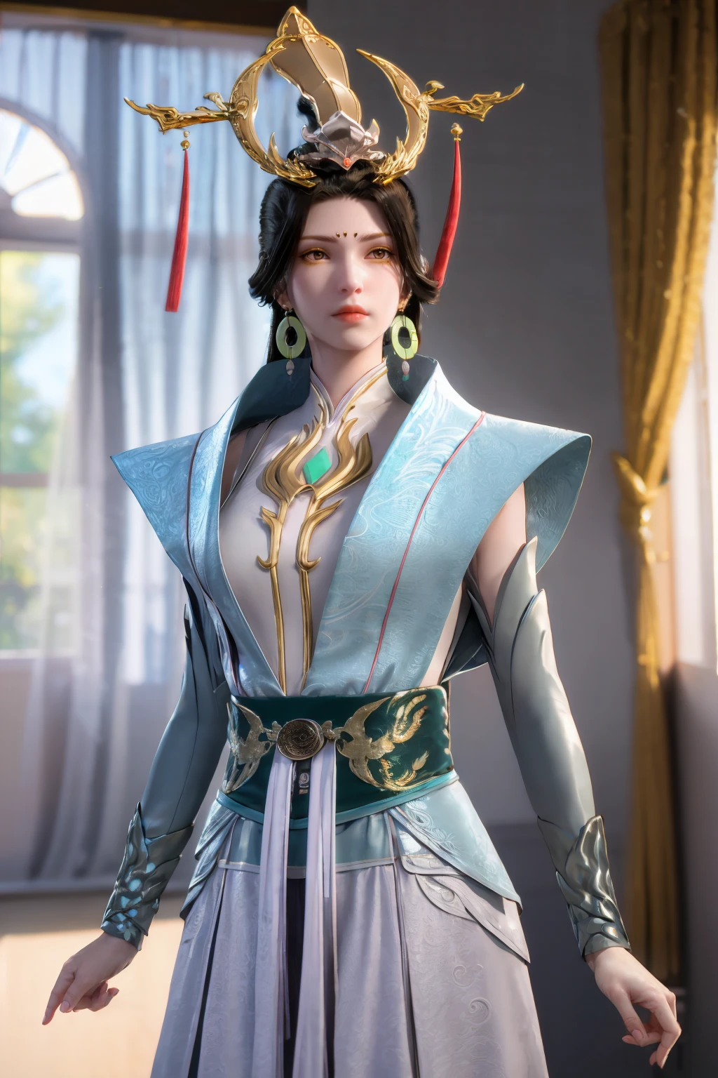 <lora:xuanxi128+64:0.9>,xuanxi,1girl,jewelry,earrings,solo,(red tassel:0.6),white ribbon,dress,forehead mark,long hair,black hair,facial mark,closed mouth,hair ornament,shiny clothes,narrow waist,gold trim,pale skin,shiny skin,arms behind back,
highres,absurdres,masterpiece,4k,8k,best quality,
cowboy shot,simple background,marble walls,curtains,sunlight,face light,depth of field,