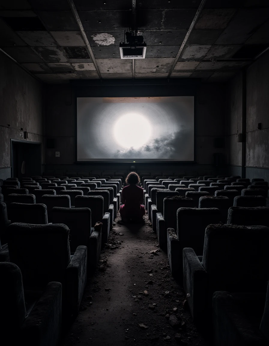 A darkened movie theater with rows of seats, a person sitting alone in the middle, watching the screen flicker in the dark., <lora:urban_decay_v20_rank64_bf16-step02016:1>, urban_decay_rooms