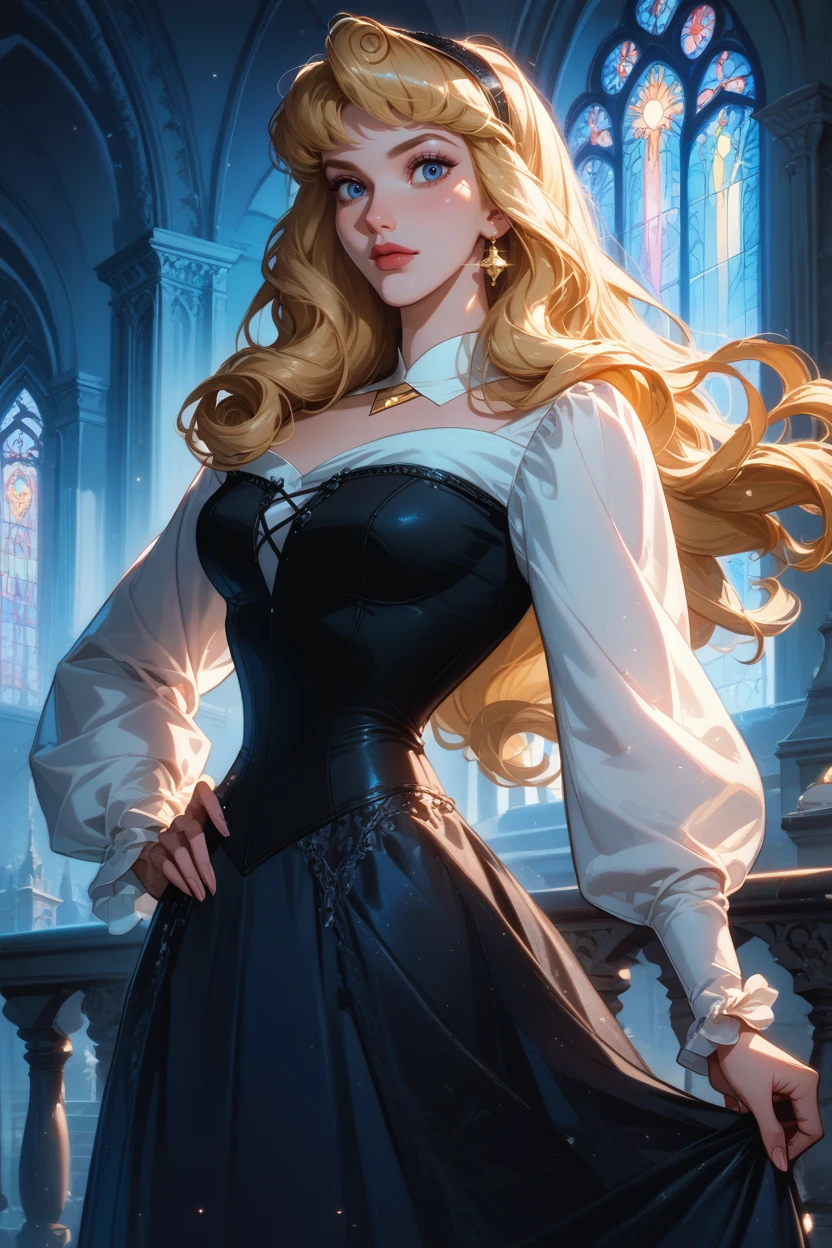 score_9, score_8_up, score_7_up,
<lora:DisneyAurora:0.8>
DisneyAurora, 1girl, blonde hair, blue eyes, long hair, looking at viewer, mysterious gaze, standing, one hand on hip, gothic cathedral, stained glass windows, twilight