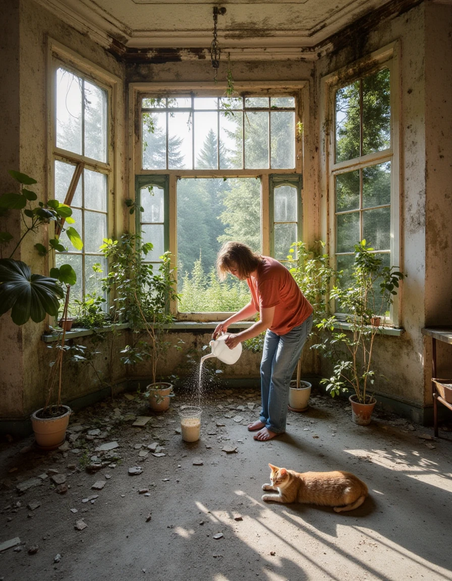 A sunroom with large windows, a person watering plants while a cat naps in a sunbeam on the floor., <lora:urban_decay_v20_rank64_bf16-step02016:1>, urban_decay_rooms