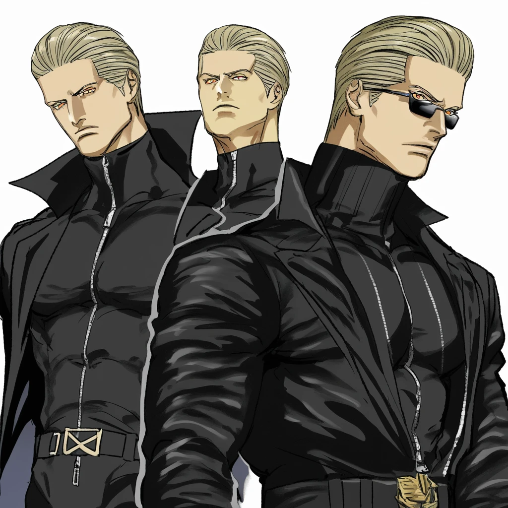 source_anime, albert wesker, 1boy, blonde, black gloves, sunglasses, belt, black coat, black pants, looking at viewer, toned, athletic, fit, slicked back hair, black turtleneck, zipper, mature male, short hair, (graphene textured clothes), black boots, focused, intense glare, reddish orange eyes, slit pupils, angular face, sharp_featured face, handsome, charming, alluring,