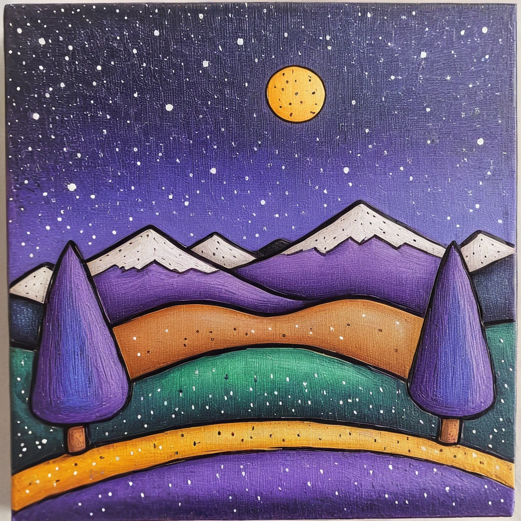 <lora:Naive_Storybook_NouveauSDXL:1> ArsMJStyle, Naive Storybook Nouveau, The image shows a painting of a night sky with a full moon stars and mountains in the background. The painting is on a board and is an acrylic painting measuring 8 x 8 inches created by artist Laura D., no humans, moon, star (sky), sky, night, outdoors, night sky, full moon, starry sky, traditional media