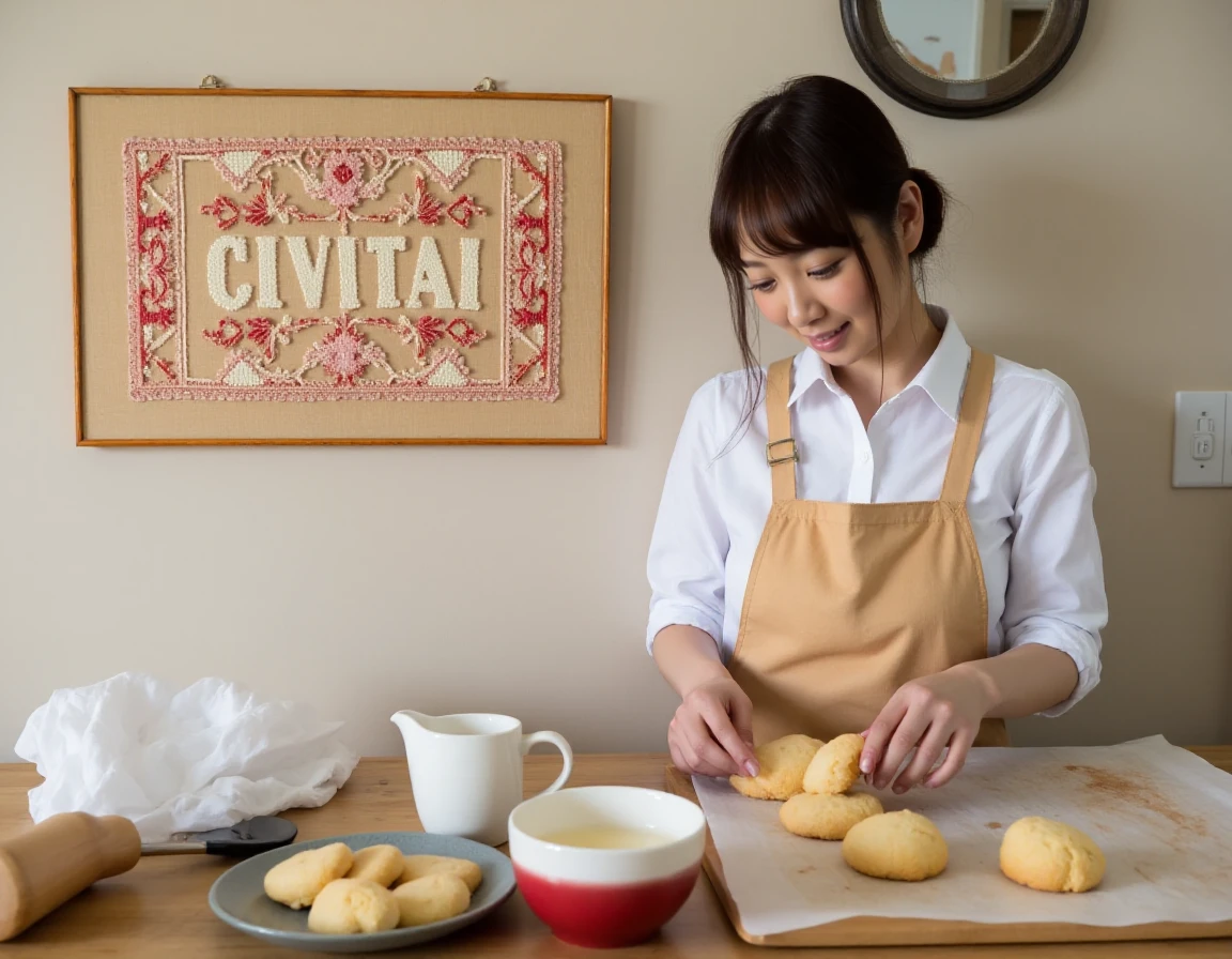 Shion Utsunomiya a woman is wearing an apron and is baking cookies in a kitchen. On the wall, a framed crochet with the text "CIVITAI" <lora:Shion_Utsunomiya:0.9>