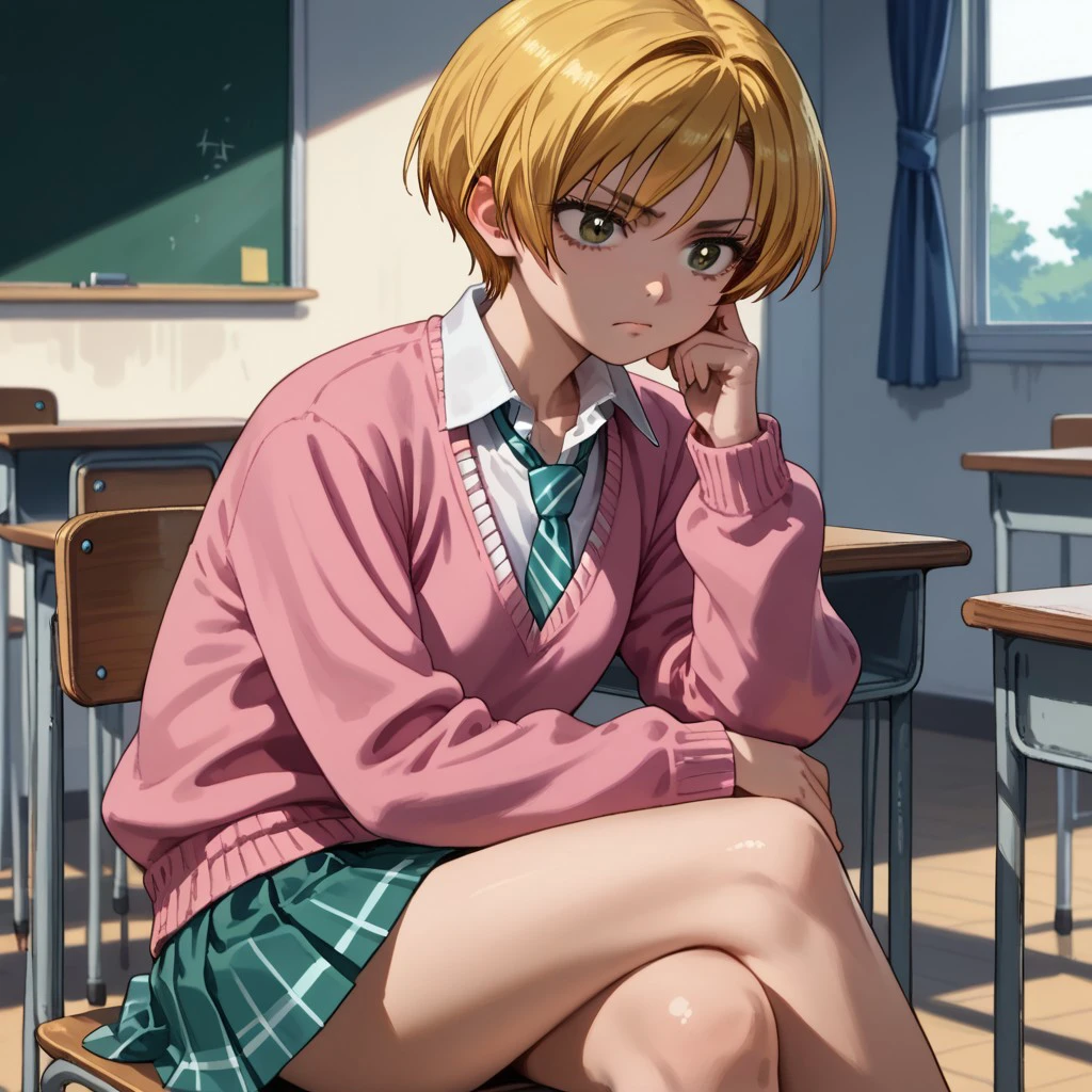 score_9, score_8, score_7, break, solo, muyi_yki, blonde_hair, short hair, school uniform, necktie, sweater, skirt, sitting, crossed legs, classroom