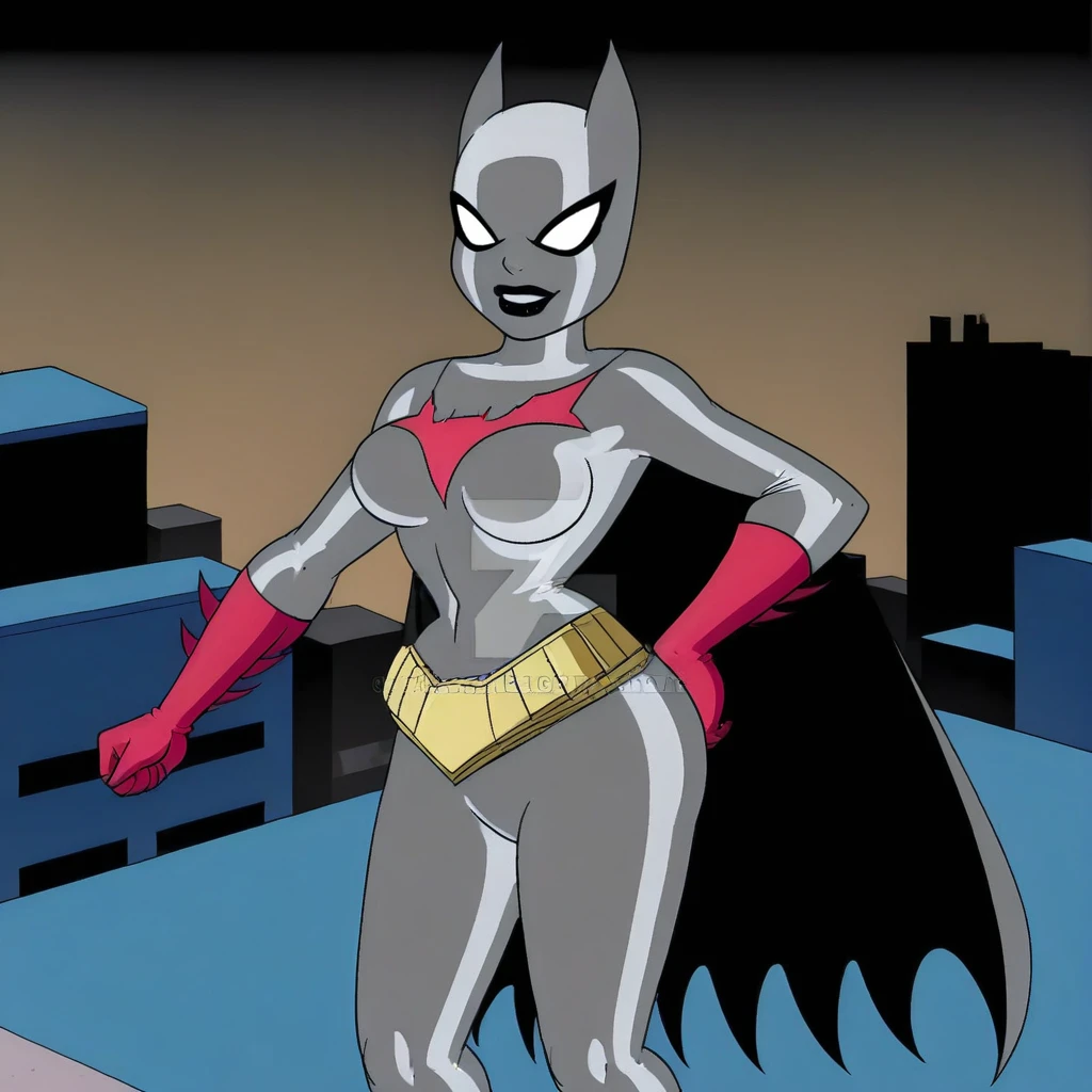 lipstick, gloves, cape, superhero, grey bodysuit, hand on hip, 1girl, belt, large breasts, white eyes
