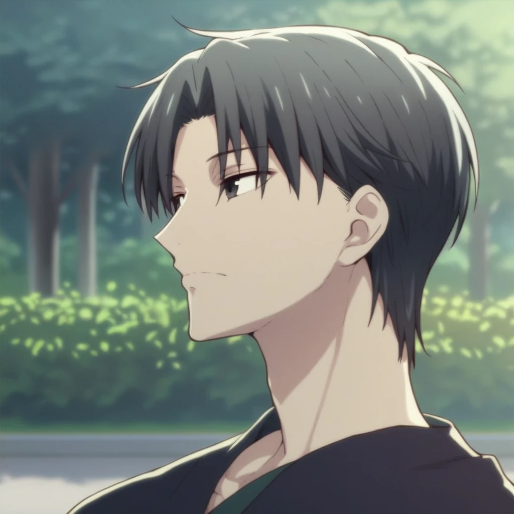 score_9, score_8, score_7, source_anime, 1boy, male focus, shigure_sohma, black hair, black eyes, from side, outdoors, park, upper body