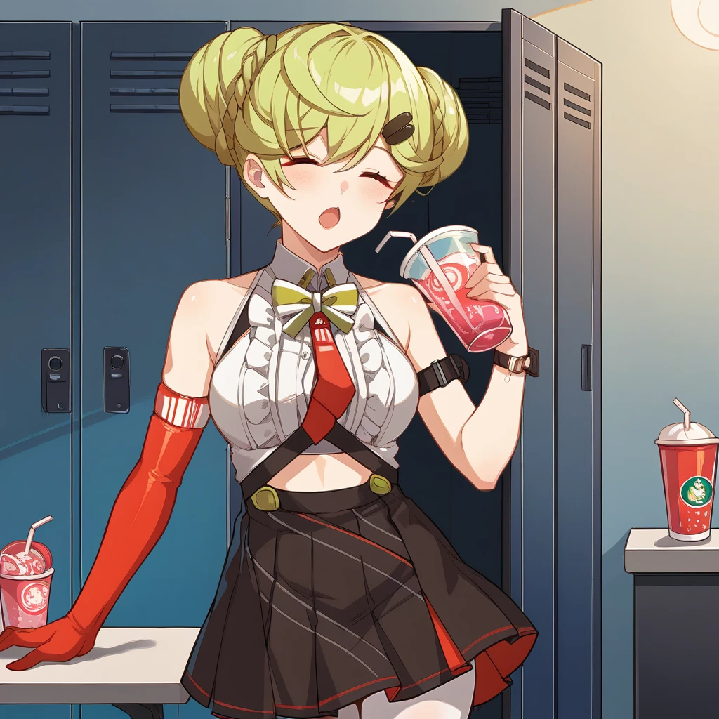 score_9_up, score_8_up, score_7_up, source_anime, 1girl, solo, Cabdg, Cab_Alt, night time, dimmed light, ceiling light, locker room, relaxed, closed eyes, open mouth, holding sports drink with both hands, drinking straw, green hair, orange eyes, double bun, short hair, hair bun, long gloves, single glove, white pantyhose, braided bun, red gloves, asymmetrical gloves, mismatched gloves, armband, clothing cutout, alt crop top, sleeveless shirt, braid, alt white shirt, frilled shirt, collared shirt, alt green bowtie, red necktie, high-waist skirt, black skirt, pleated skirt, hairclip, black straps, mature body, dynamic cowboy shot, locker background,