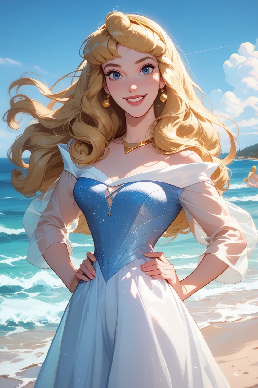 score_9, score_8_up, score_7_up,
<lora:DisneyAurora:0.8>
DisneyAurora, 1girl, blonde hair, blue eyes, long hair, looking at viewer, confident smile, standing, hands on hips, facing camera, beach, waves crashing, bright midday sun