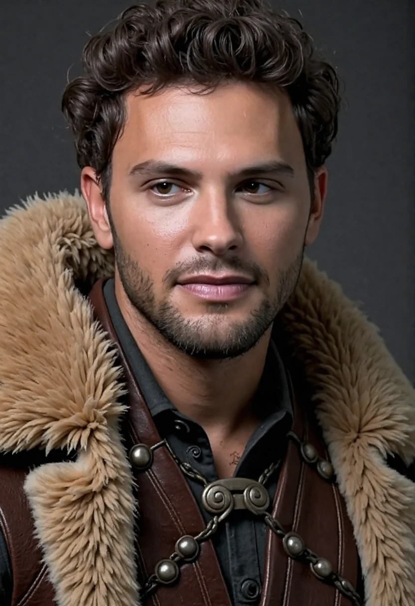 C00perK0ch, The image is a high-resolution photograph featuring a Cooper Koch wearing traditional Norse furs. He has a rough beard and a mean look on his face. The frame focuses on his face and upper body.