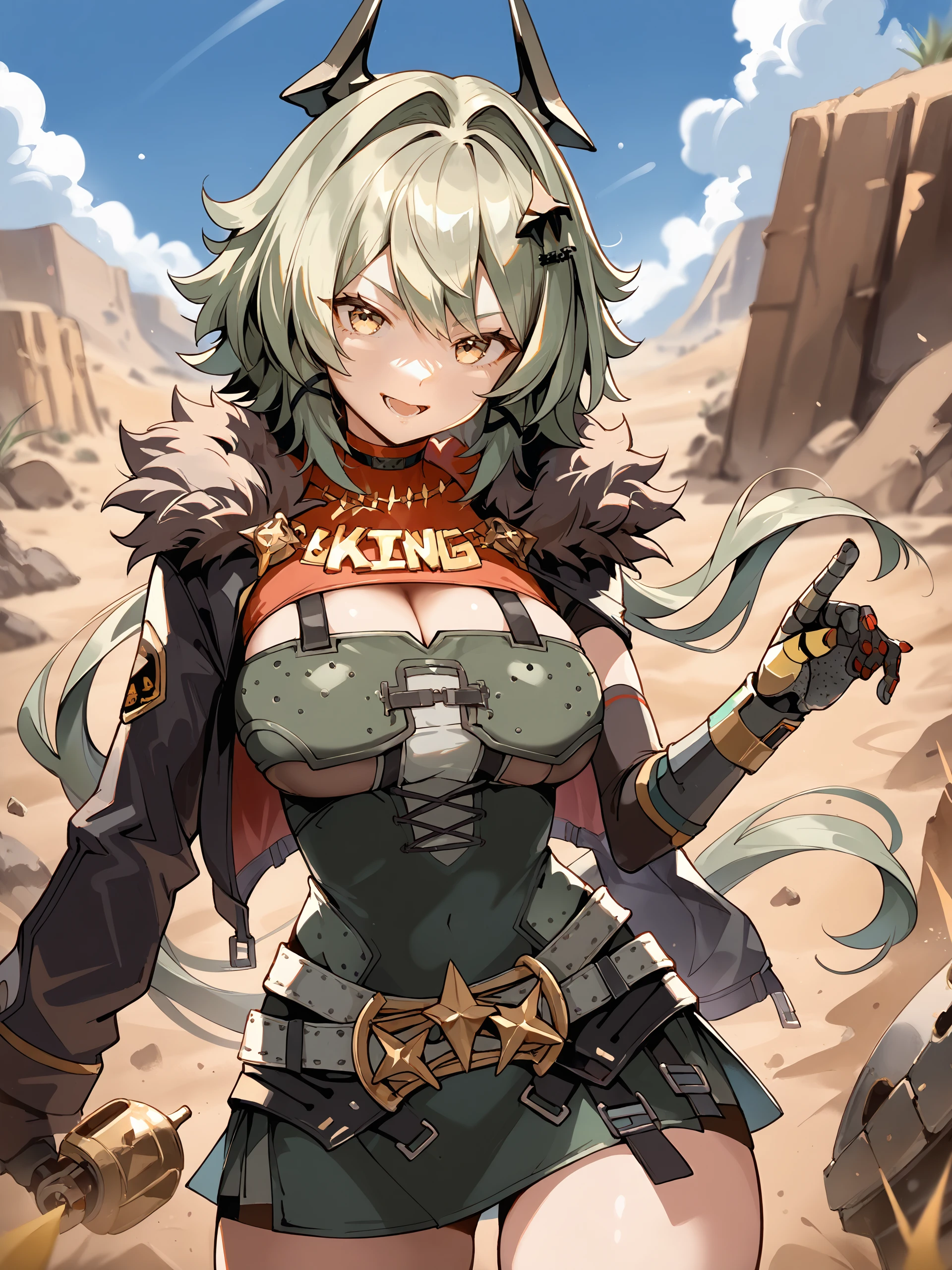 1girl, caesar king \(zenless zone zero\), horns, x hair ornament, hairclip, turtleneck sweater, mechanical arms, pencil dress, fur-trimmed jacket, arm out of sleeve, looking at viewer, smiling, open mouth, desert, outdoors, depth of field, standing, cowboy shot <lora:Char-ZZZ-Caesar-Pony-V1:1>, score_9, score_8_up, score_7_up, source_anime