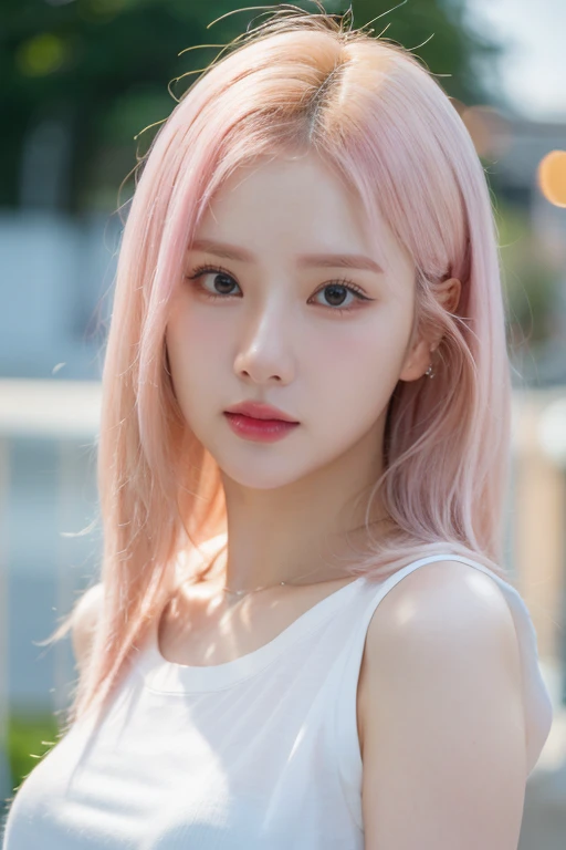 masterpiece, best quality, ultra-detailed, ultra high res, (photorealistic:1.4), raw photo, (realistic:0.2), 8k HDR, realistic lighting, 1girl, solo, (asian:0.2), asymmetrical pink blonde hair, outdoors, bokeh, (detailed lips), (detailed pores), (detailed skin textures), (detailed face:1.2), (upper body:1.3), t-shirt,