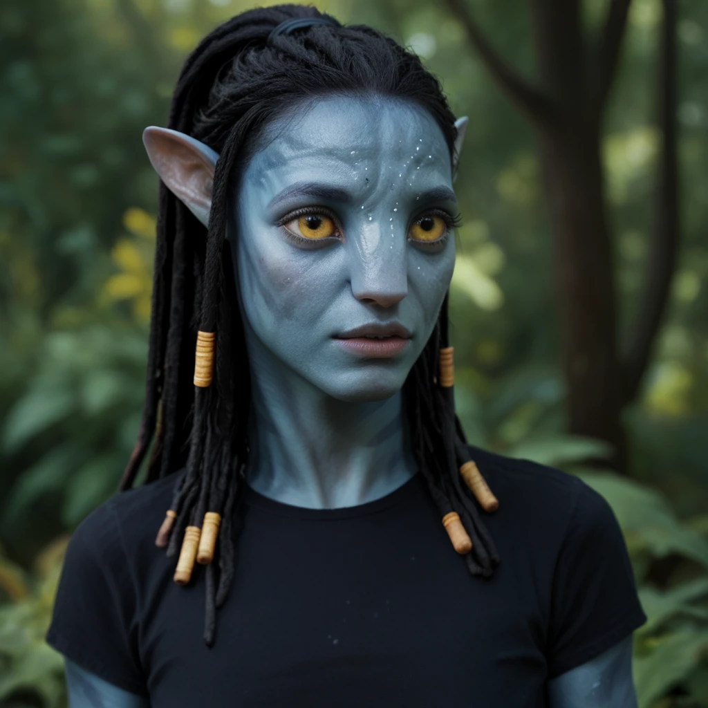 score_9_up, score_8_up, BREAK, 1girl, solo, Na'vi, black hair, long hair, high ponytail, dreadlocks, yellow eyes, pointy ears, colored skin, blue skin, black shirt, upper body, depth of field, <lora:NaVi_Race_Avatar_JC_PXL_Leaf1:1>, realistic, cinematic lighting,