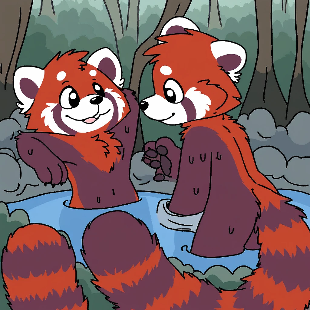 a male red panda in the forest bathing in the river