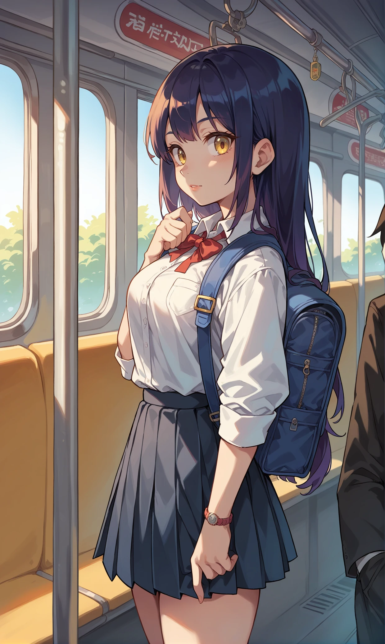 1girl,train interior, black pleated skirt,kemonomimi mode,backpack,yellow eyes,gradient background,, score_9, score_8_up, score_7_up, masterpiece, best quality, perfect anatomy , very aesthetic,