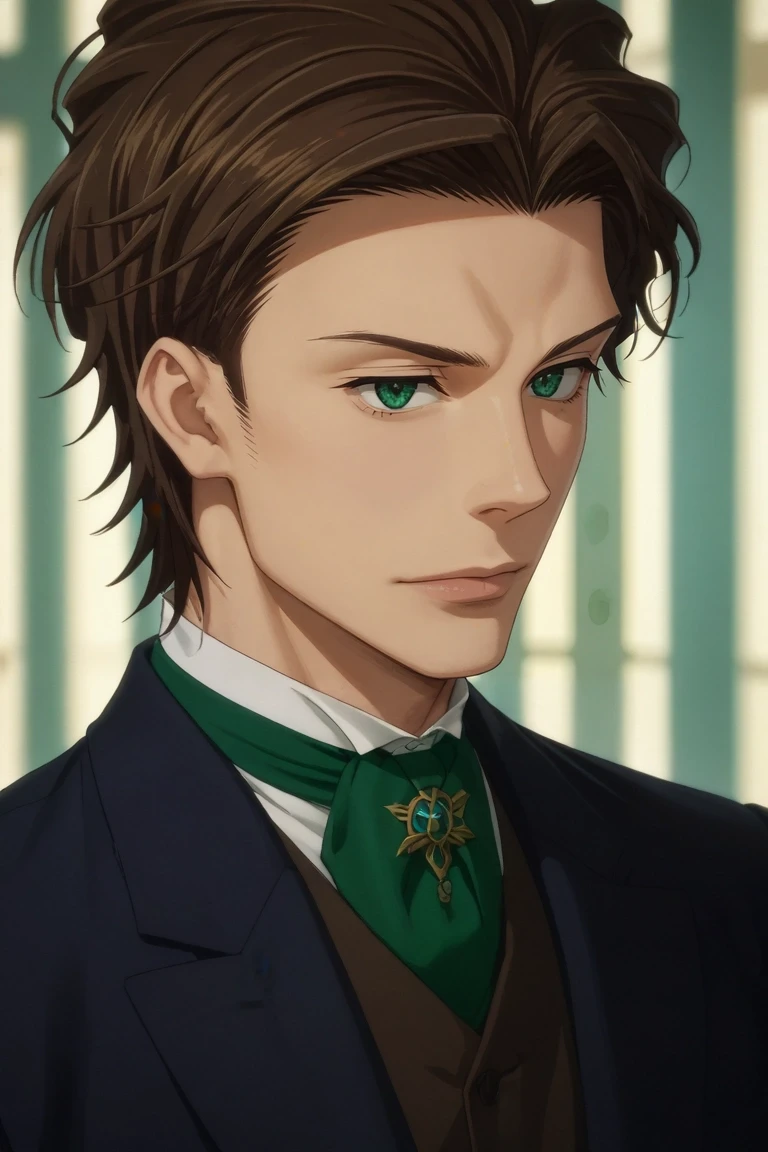 score_9, score_8_up, score_7_up, source_anime, rating_safe, intricate details, semi-realistic, , , 1boy, solo, male focus, <lora:albert_james_moriarty_pony:0.96>, albert_james_moriarty, brown hair, green eyes, short hair, , , , , <lora:sdxl_lightning_8step_lora:1>