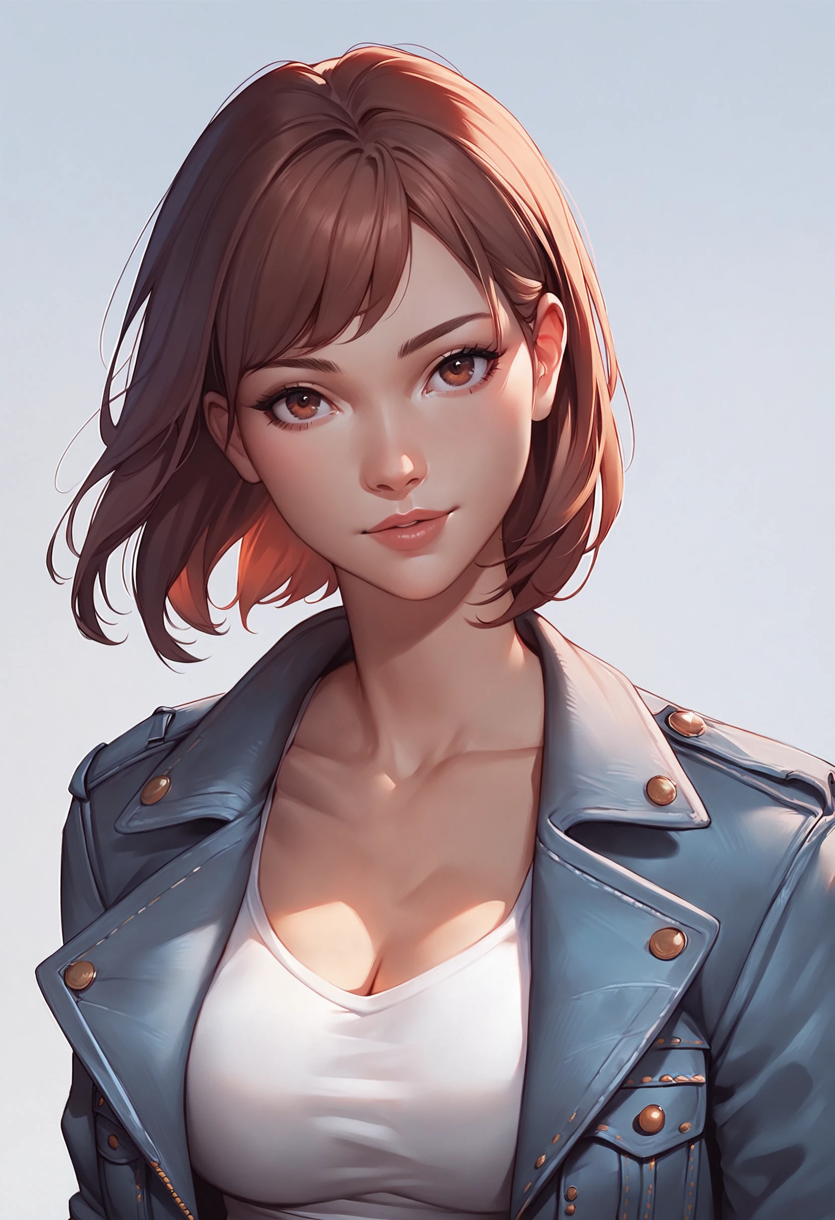 score_8, score_9_up, Medium Close-Up, 1girl, Solo, Beautiful Young Woman, Short Brown Bangs, Hazel Eyes, Jean Jacket, White Tanktop, (Digital Drawing), Best Quality, Highly Detailed, rating_safe