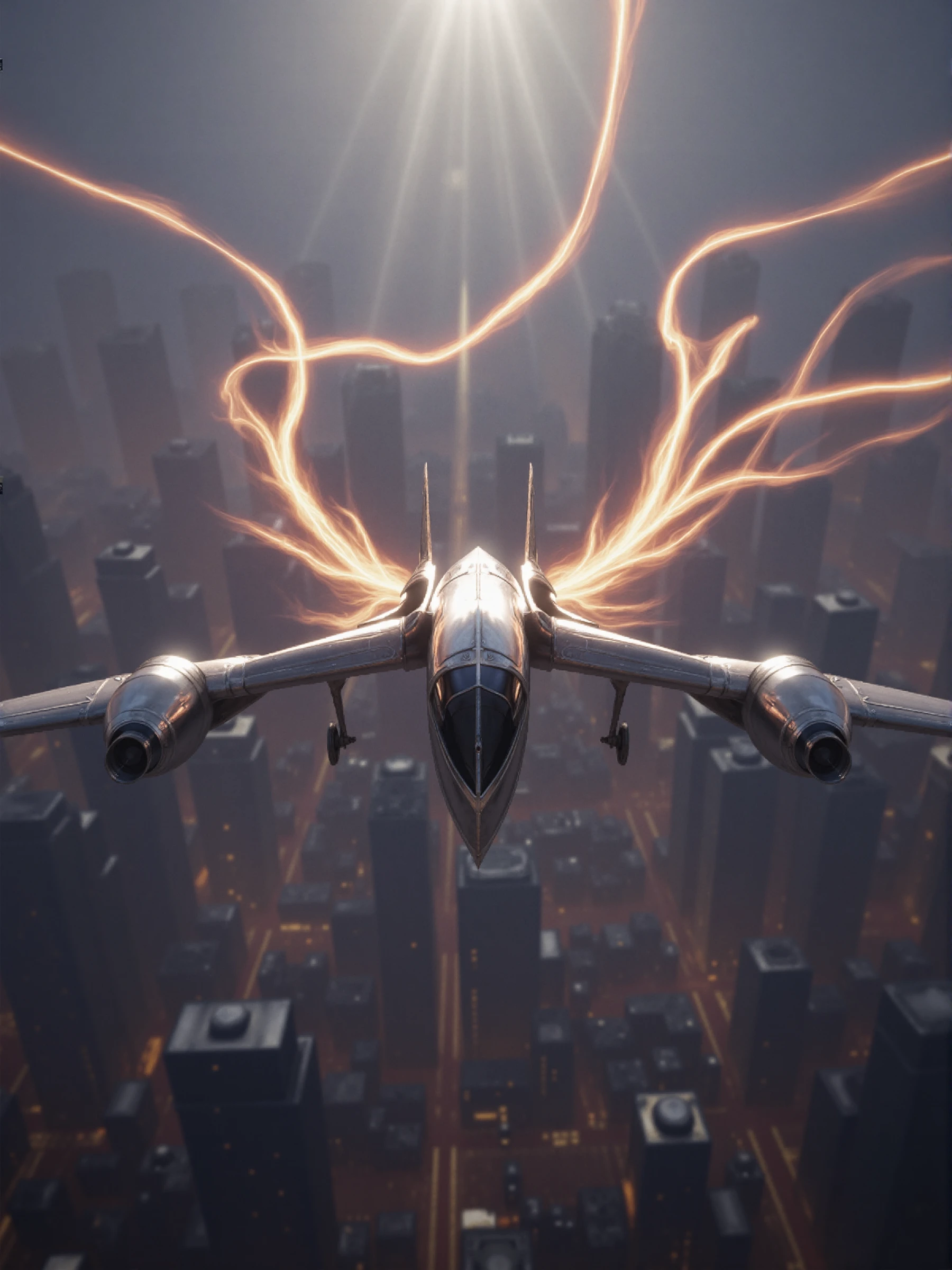 Archangel-bylaushine,photorealistic 3D artwork of the fantasy aircraft flying over a city,which has glowing soft wings