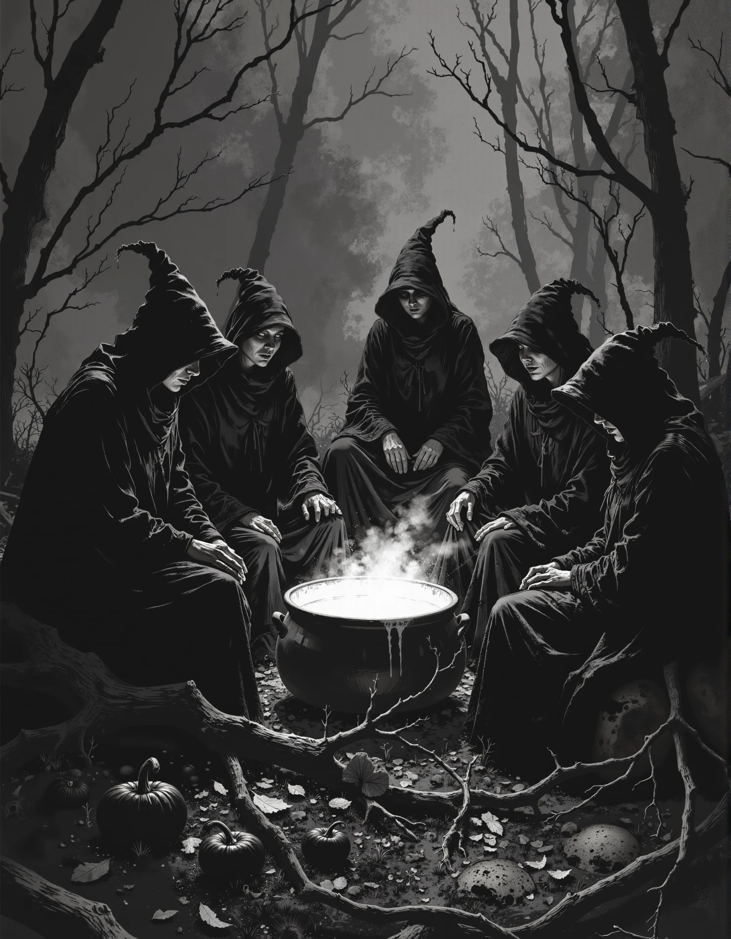 A coven of hooded witches sitting around a cauldron, in a dark and scary forest. A greyscale, seasonal graphic design. <lora:Witchcore:0.8> w1tchc0re