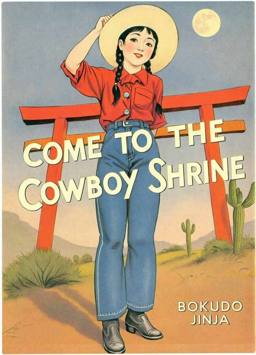 shigerusudo illustration. 1930s Japanese fashion magazine cover depicting a young Japanese woman dressed in cowboy clothes with denim pants with a white wide-brimmed hat. she has long hair with pigtail braids. extreme low angle shot: with the viewing angle all the way down on the ground looking up at her, she is standing imposingly close above the viewer, one arm up, with a big smile on her face. her entire body is in shot, from head to toes. she is wearing cowboy boots. set in an arid setting, with a red-orange torii gate and a few cactus visible in the background. faded moon visible in the daytime sky.
Vintage 1930s bold fancy hand-lettered text superimposed over the illustration: "COME TO THE COWBOY SHRINE"
Smaller text at the bottom right: "BOKUDO JINJA"