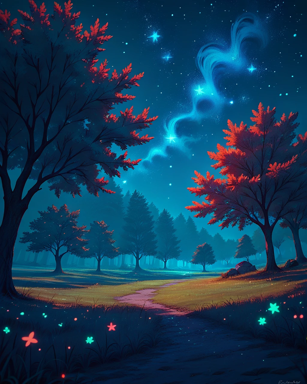 zPDXL3, score_9_up, score_8_up, score_7_up, luminescent paints, phosphorus paints, glows at night, paint splash, no humans, night, tree, sky, star (sky), outdoors, scenery, night sky, starry sky, grass, <lora:NeoNiLPP:0.8>