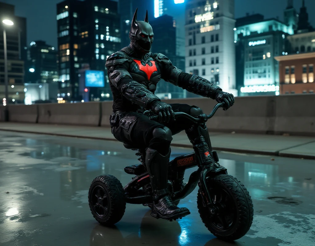 an adult Batman_Beyond_Suit is riding a child tricycle in gotham city <lora:Batman_Beyond_Suit:0.9>