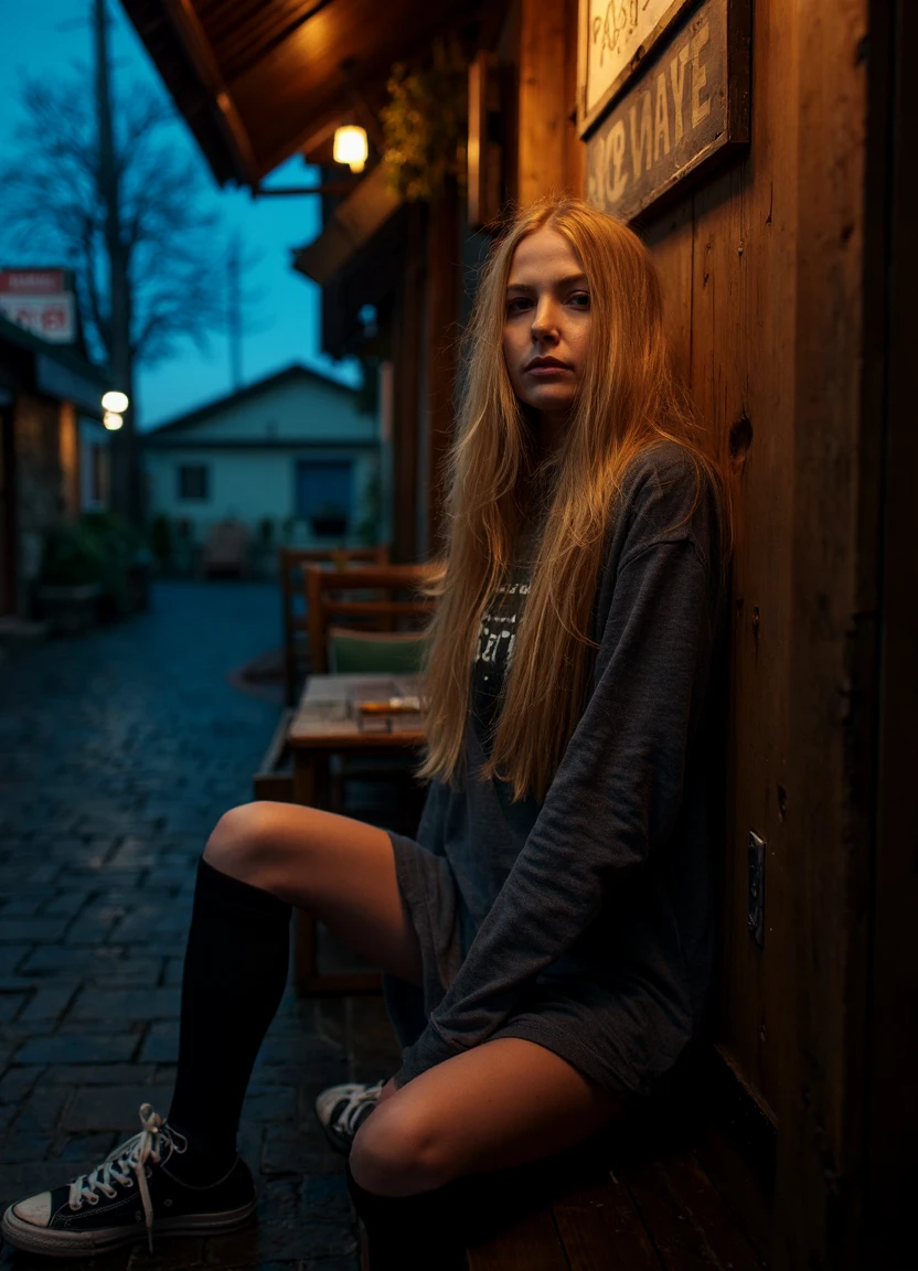 A portrait of a blonde woman named st3v13 with a serious expression.
The dimly lit tavern is filled with the scent of wood and ale, its wooden tables worn with age.
She wears a casual, oversized hoodie dress with thigh-high socks and sneakers for a comfy yet stylish look.
Deep blue twilight with fading light creates a serene and reflective atmosphere as night approaches.