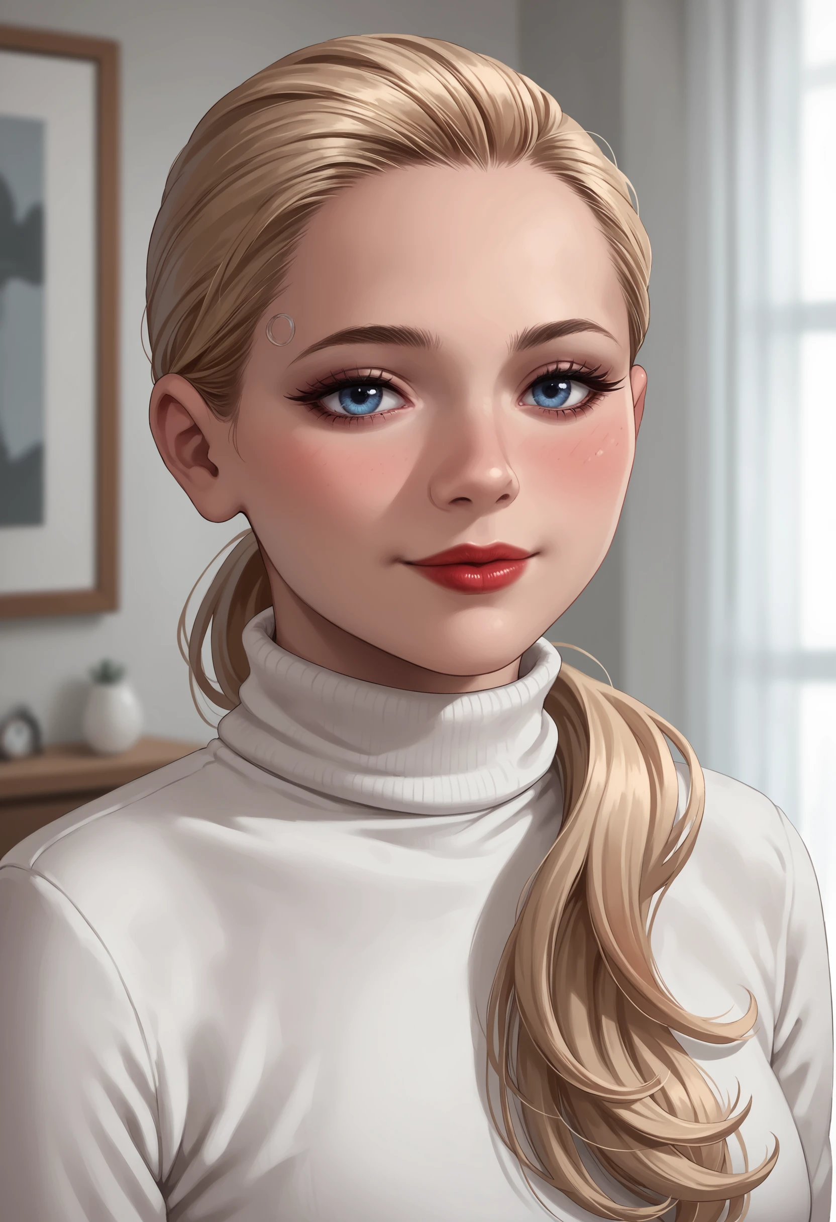 score_9, score_8_up, score_7_up, score_6_up, score_5_up, score_4_up, 1girl, <lora:ChloeDBH:0.7> blonde hair, long hair, ponytail, lips, blue eyes, looking at viewer, blush, long eyelashes, makeup, red lips, smile, upper body, white turtleneck, (wearing turtleneck), 
bedroom,