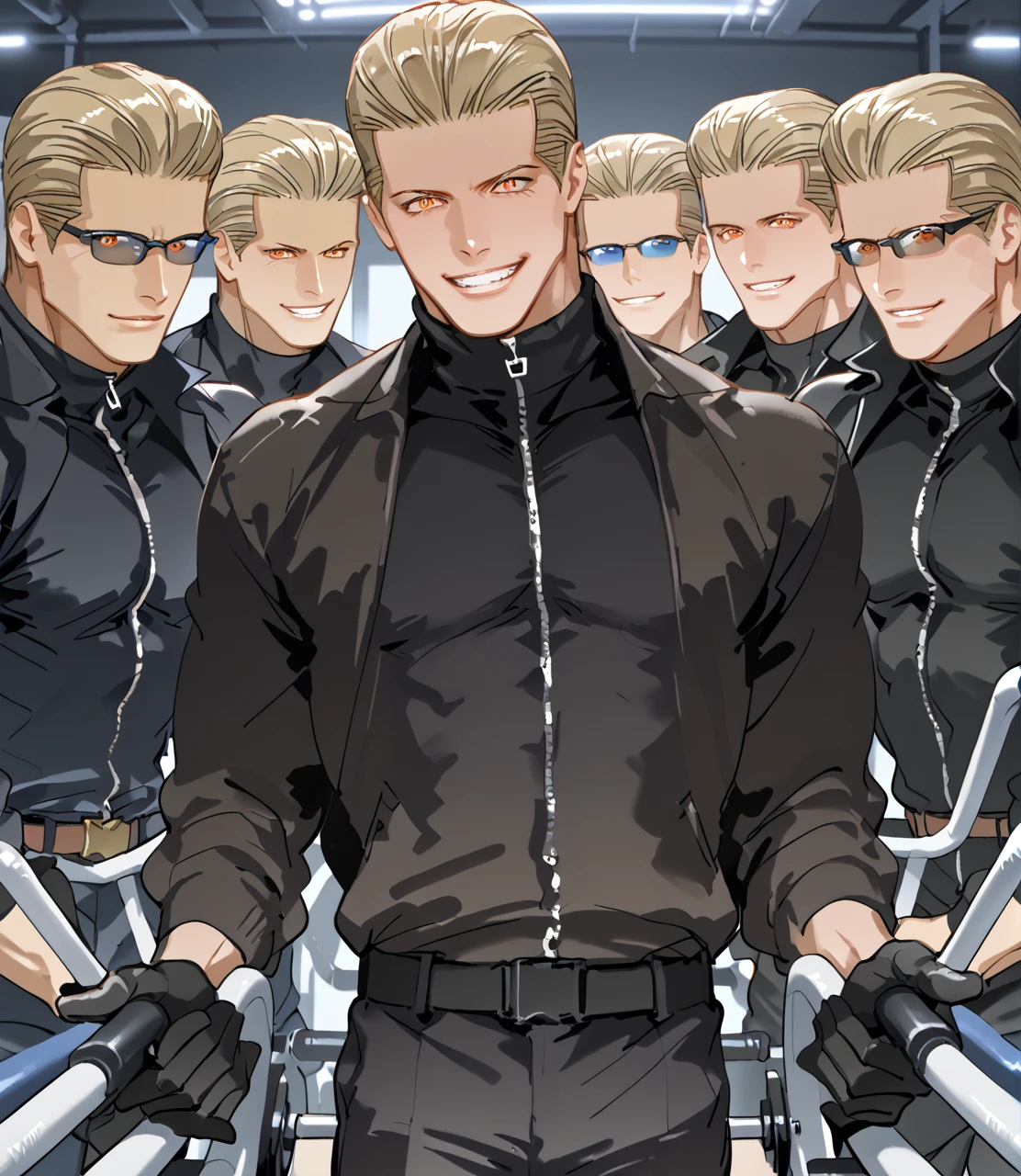 PonyScores7, source_anime, ah1, <lora:natsumi_style:1> BREAK <lora:albertwesker-guy-PONYv1:0.8> albertwesker, albert wesker, 1boy, blonde, black gloves, (sunglasses:1.3), belt, black coat, black pants, looking at viewer, toned, athletic, fit, slicked back hair, black turtleneck, zipper, mature male, short hair, black boots, (physical therapist, in athletic wear with exercise equipment and a patient demeanor), (a group of humans travelling through different dimensions), ((smiling showing teeth expression)), (focused, intense glare), (reddish orange eyes, slit pupils), (angular face, sharp_featured face), handsome, charming, alluring, BREAK <lora:xl_more_art-full_v1:0.2>, <lora:shinyskin2:0.2> glistening skin, <lora:aesthetic_anime_v1s:0.2>, <lora:Expressive_H:0.2> Expressiveh, <lora:hairdetailpxl:0.2> hairdetailpxl, <lora:EpicF4nta5yXL:0.2>, <lora:detailxl:0.2> detailxl, <lora:Fant5yP0ny:0.2>, best quality, amazing quality, best aesthetic, absurdres, <lora:expressive eyes:0.2> expressive eyes, <lora:eyedetailpxl:0.2> eyedetailpxl, illustration, Volumetric_Lighting, ultra-detailed, very aesthetic, intricate details, 8k, masterpiece, best_quality, BREAK (Medium shot), BREAK <lora:Eyes_High_Definition:0.3> EyesHD, Stable_Yogis_PDXL_Positives, AS-Adult, <lora:Complicated fantasy portrait - XL Pony V2.0:0.4>, bad-hands-5, AS-MidAged,