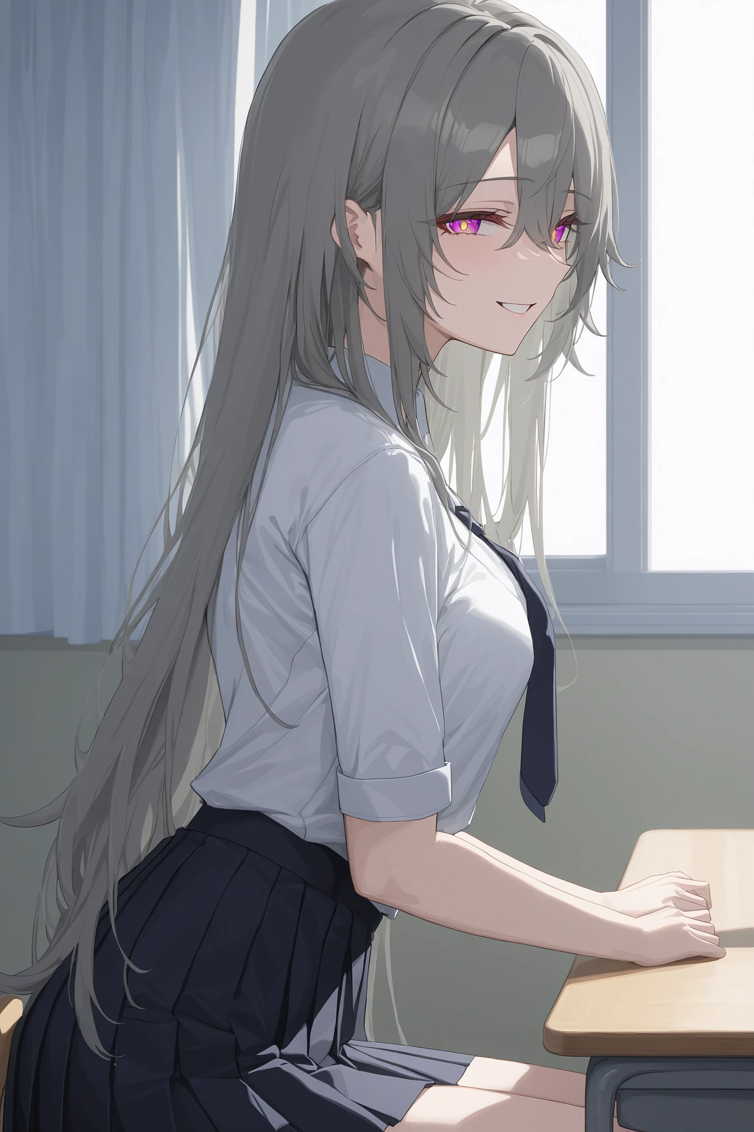 Vita,long_hair,long bangs,grey hair,purple eyes,yellow pupils,half-closed_eyes,seductive_smile,pleated_skirt,white_shirt,classroom,window_shade,window,curtains,from_side,
masterpiece,best quality,
<lora:Vita.4:0.85>,