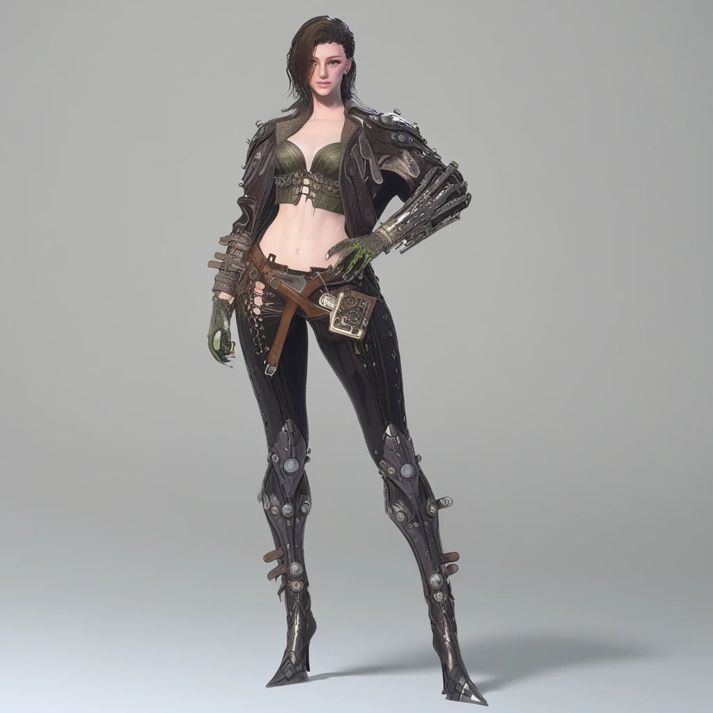 pants, breasts, weapon, shadow, open jacket, high heels, armor, cyberpunk, navel, full body, freyna, freckles, mole under eye